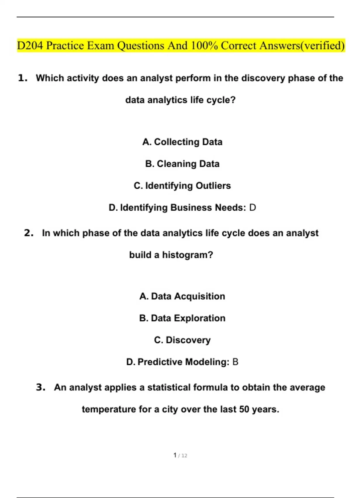 WGU D204 Data Analytics Practice Exam 2023 Questions and Answers ...