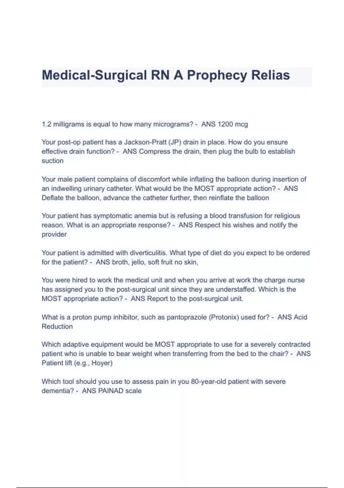 MedicalSurgical RN A Prophecy Relias Questions & Answers 2023 ( A+