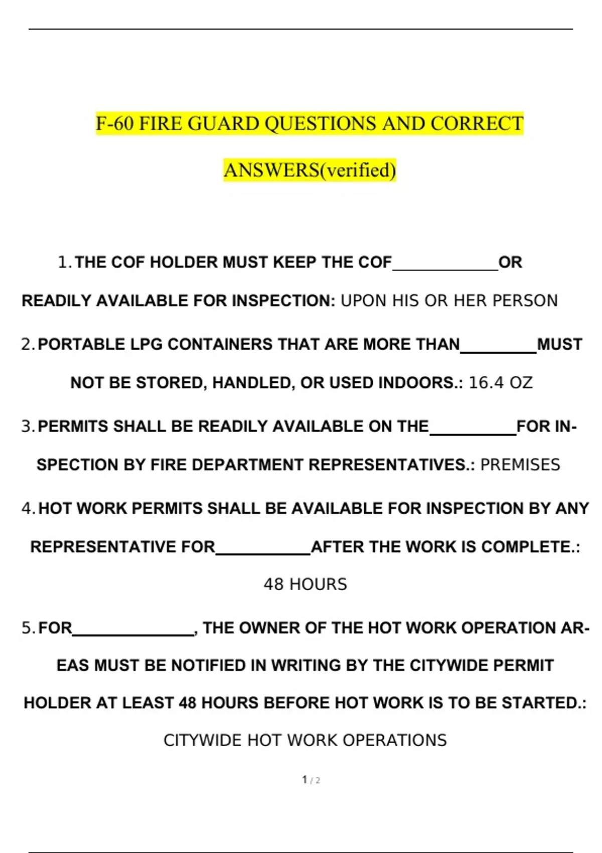 F60 FIRE GUARD TEST QUESTIONS & ANSWERS 30 Questions with 100