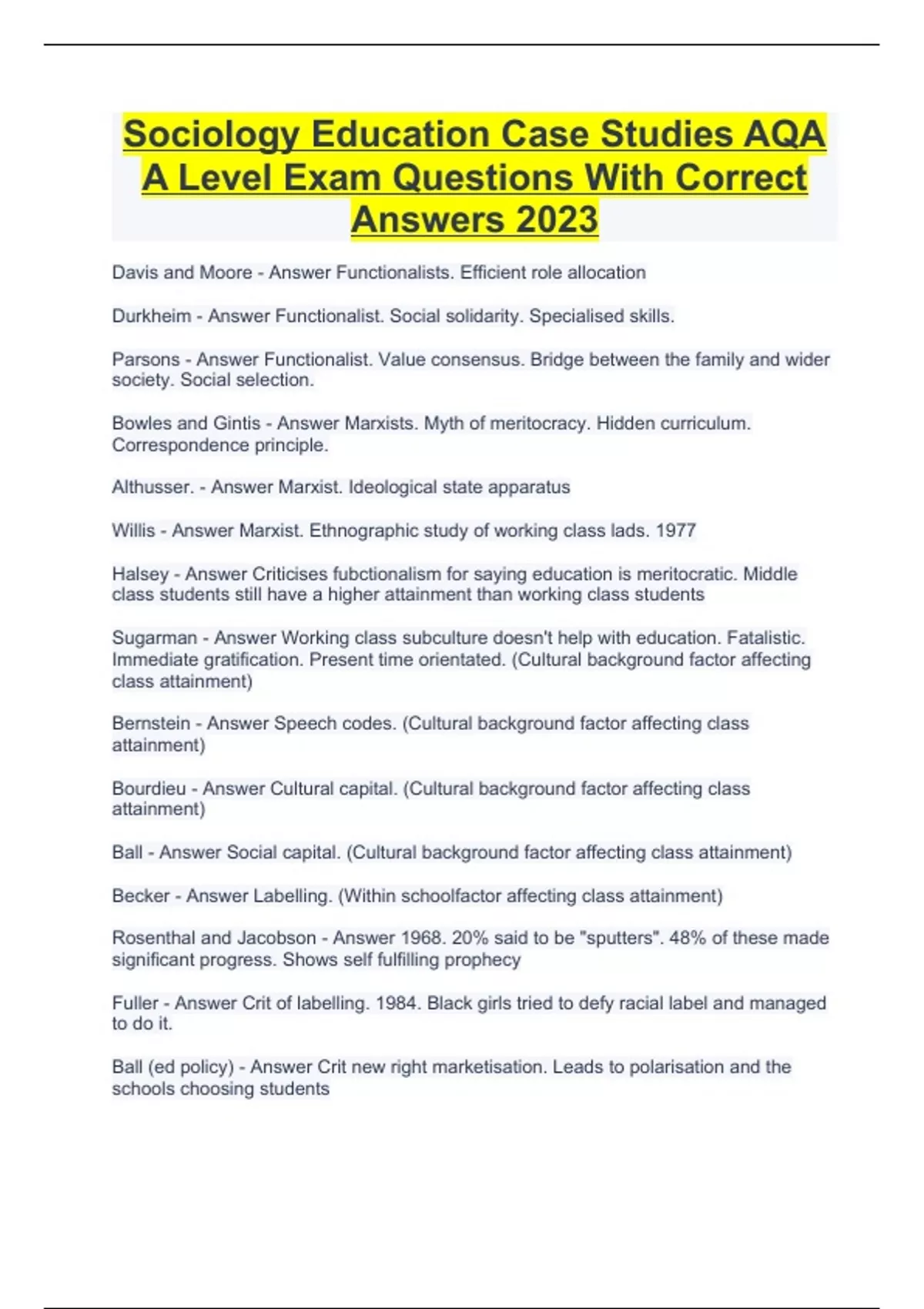 Sociology Education Case Studies AQA A Level Exam Questions With ...