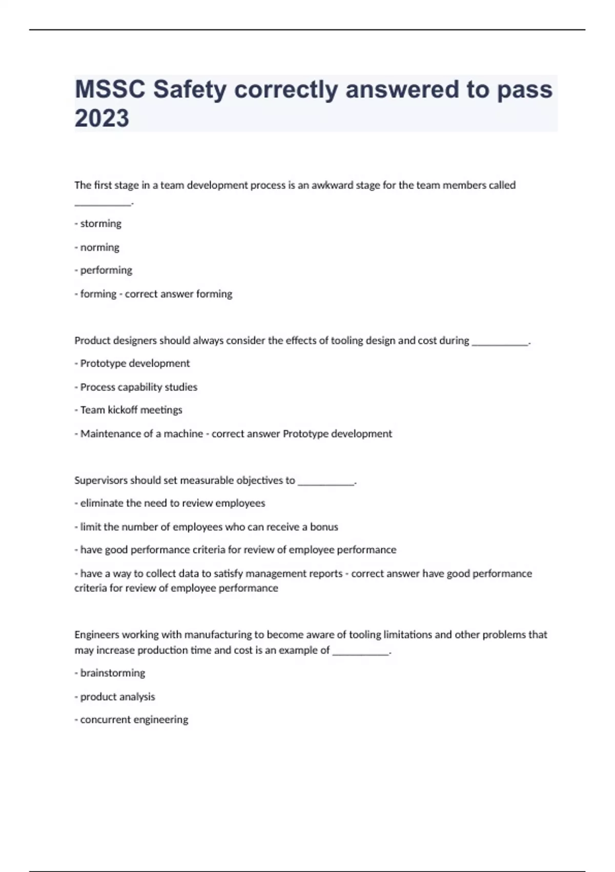 MSSC Safety correctly answered to pass 2023 MSSC Safety Stuvia US