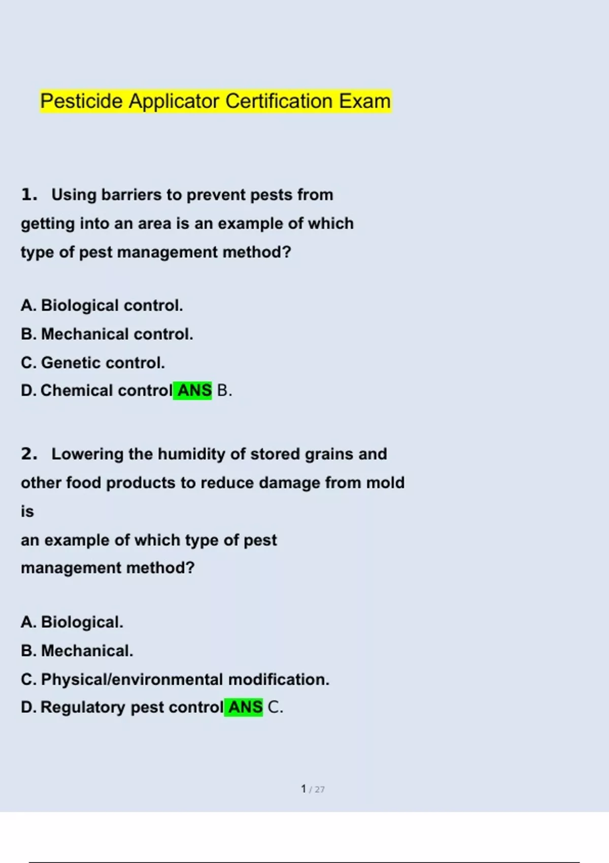 Pesticide Applicator Certification Exam 2023 Questions and Answers