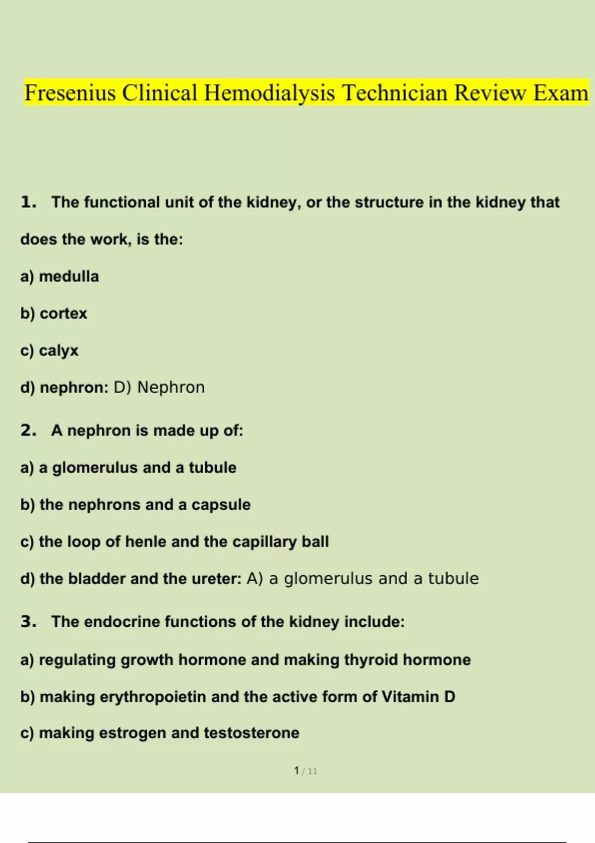 Fresenius Clinical Hemodialysis Technician Review Exam 2023 Questions