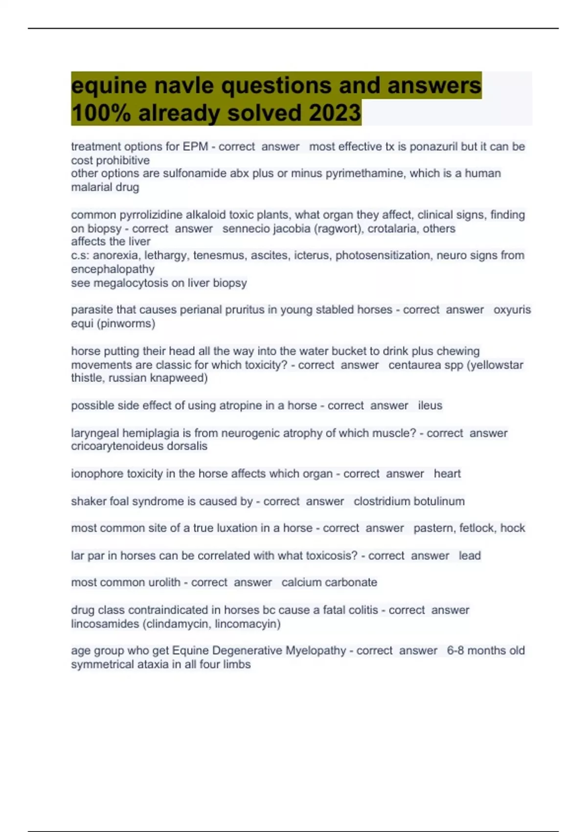 equine navle questions and answers 100 already solved 2023 Equine