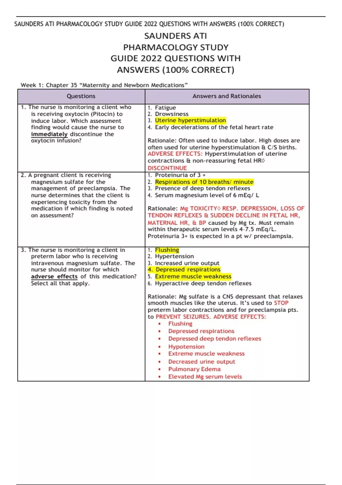 SAUNDERS ATI PHARMACOLOGY STUDY GUIDE 2023 QUESTIONS WITH ANSWERS ...