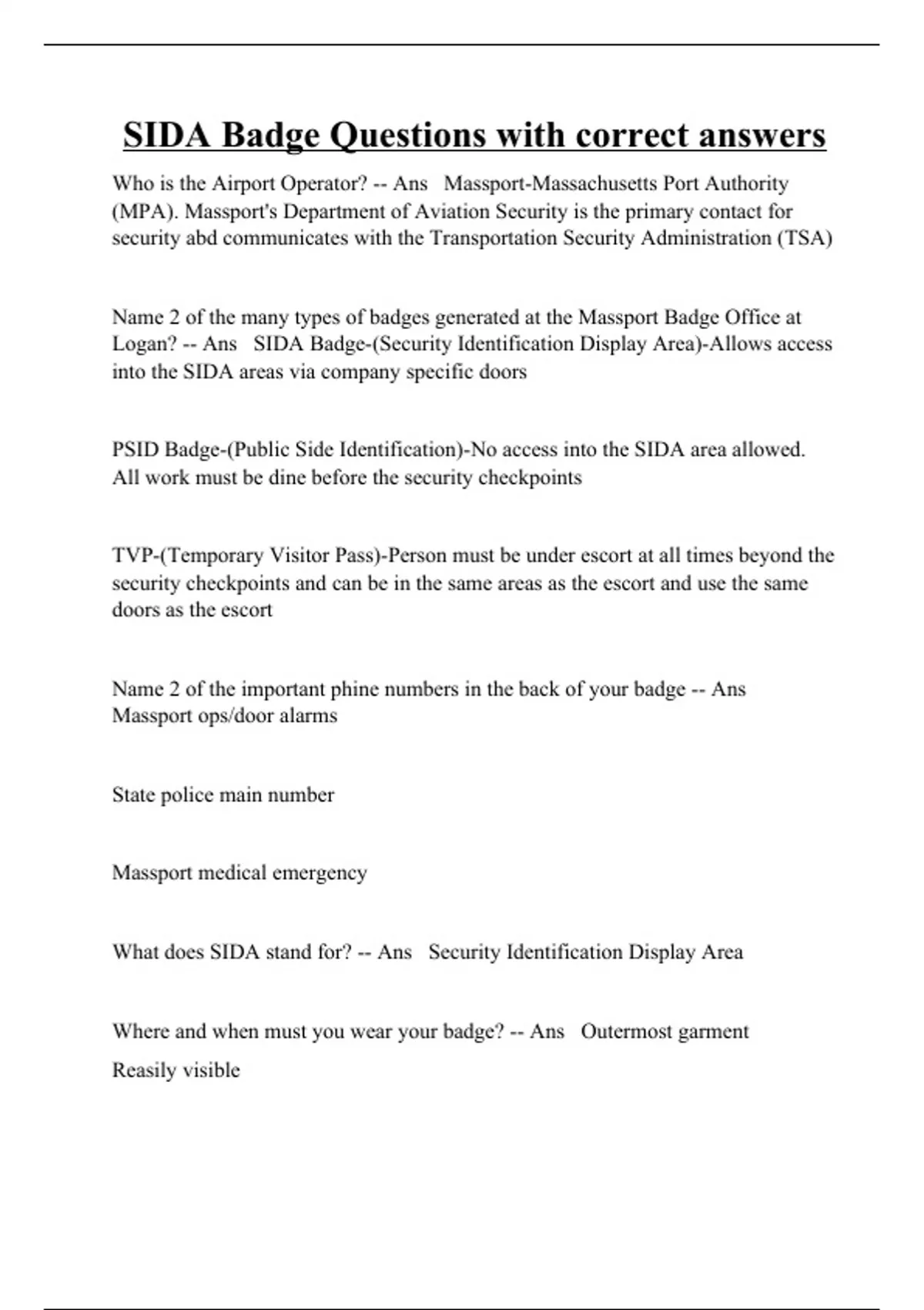 SIDA Badge Questions with correct answers SIDA Stuvia US