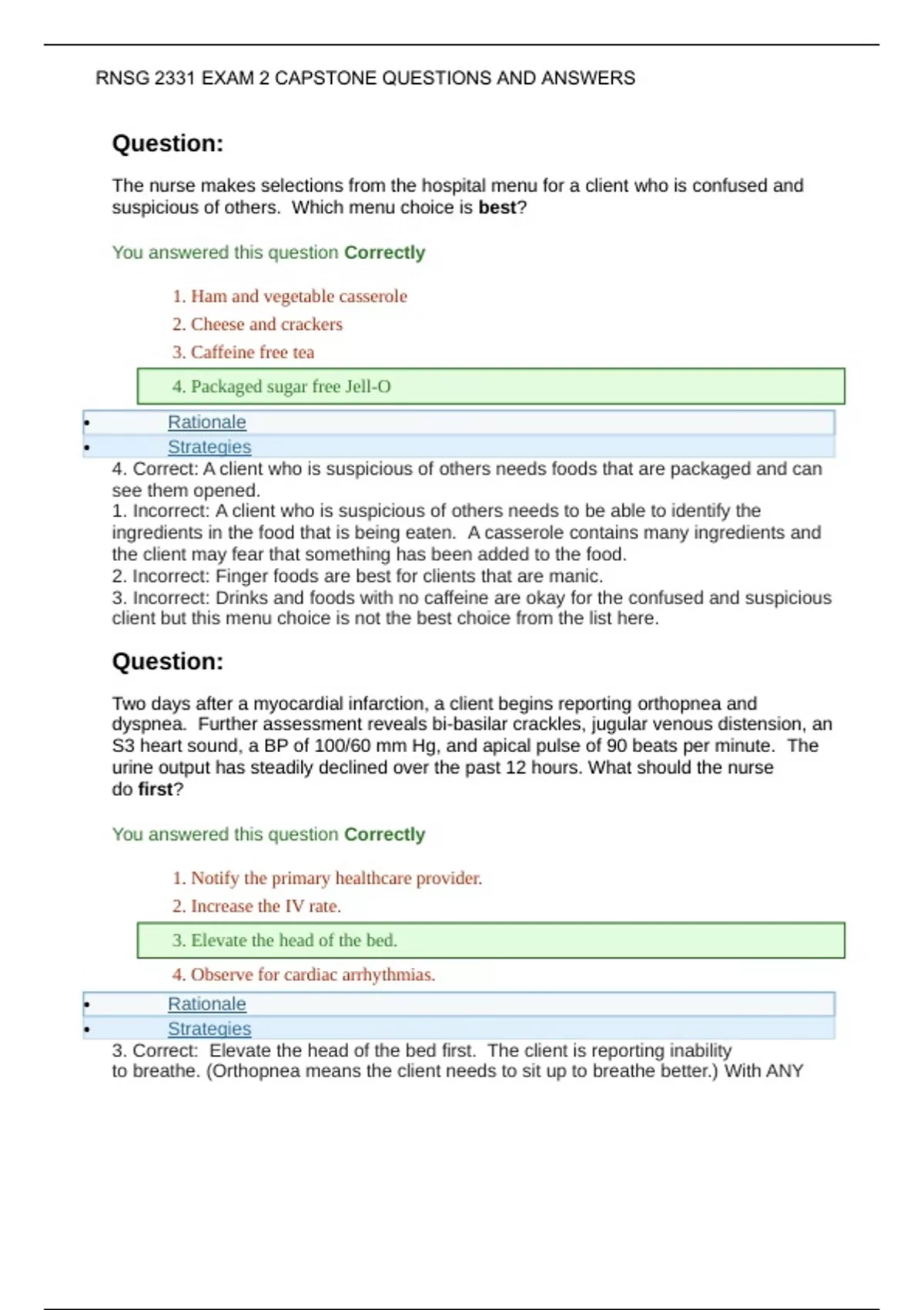 RNSG 2331 EXAM 2 CAPSTONE QUESTIONS AND ANSWERS - RN- Nursing - Stuvia US