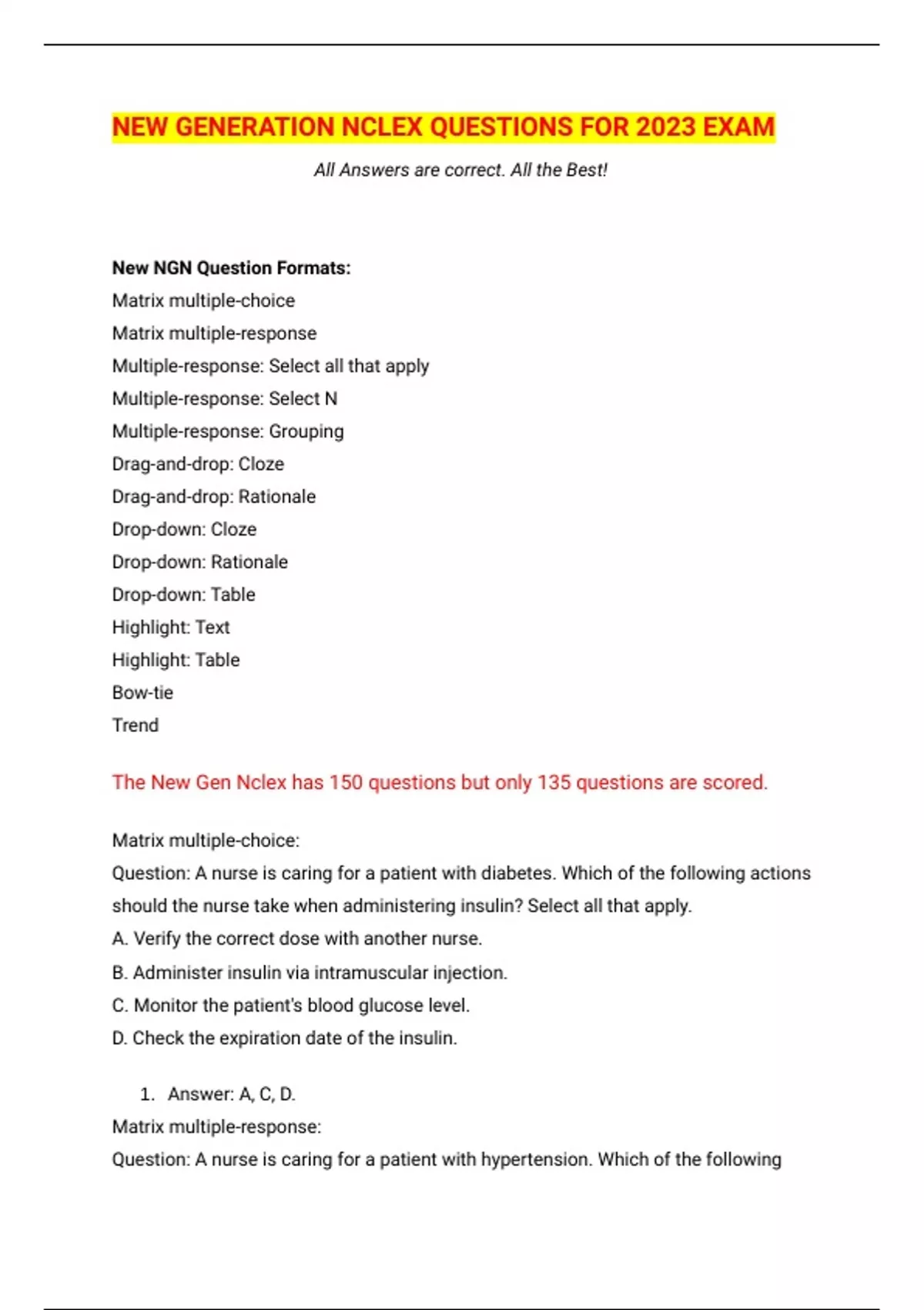 Nclx Math Questions NEW GENERATION NCLEX QUESTIONS FOR 2023 EXAM - MATH 110 - Stuvia US
