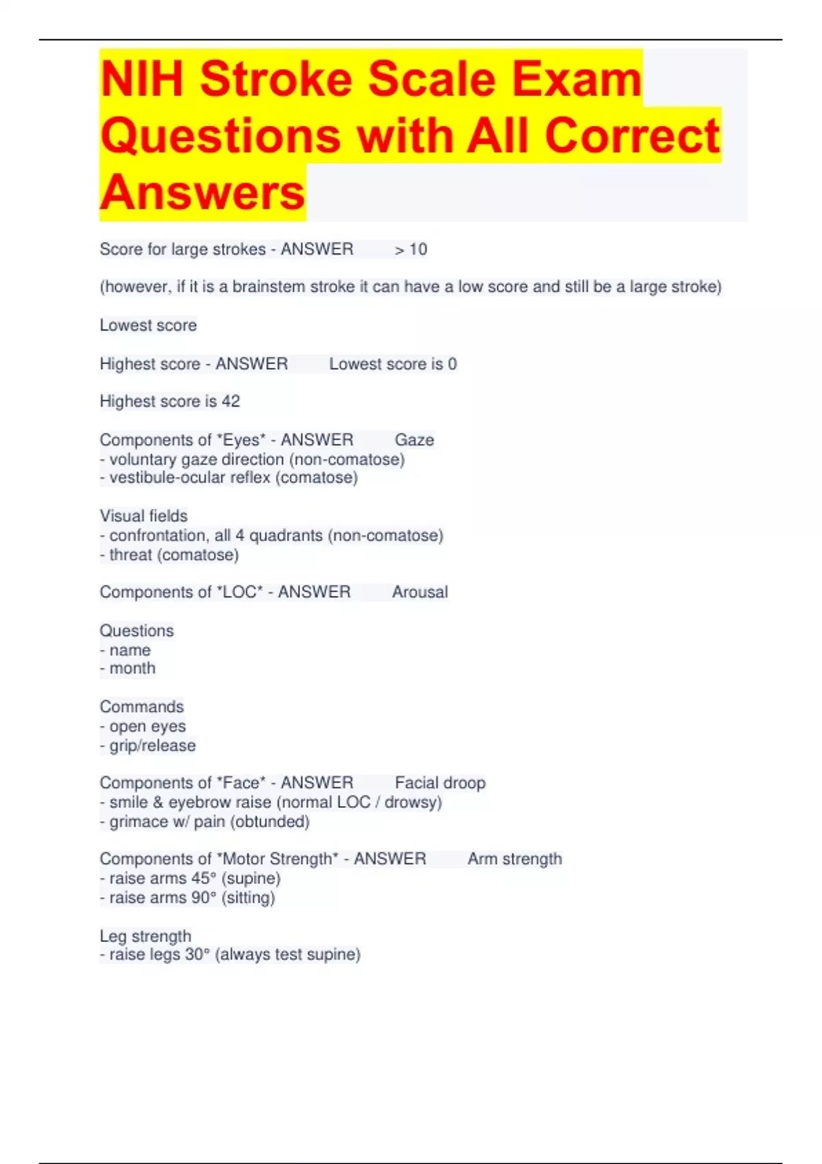 NIH Stroke Scale Exam Questions with All Correct Answers NIH Stroke