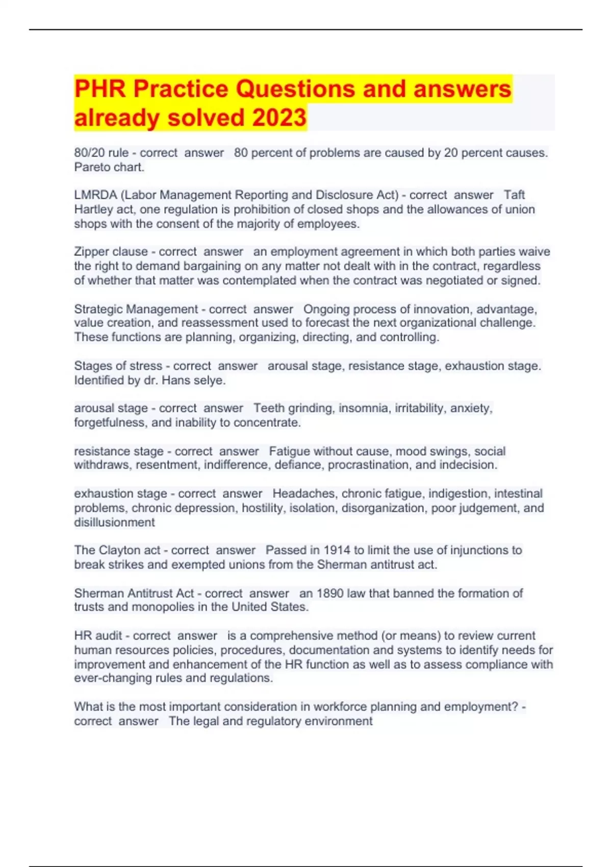 Phr Example Questions PHR Practice Questions and answers already solved 2023 - PHR Practice ...
