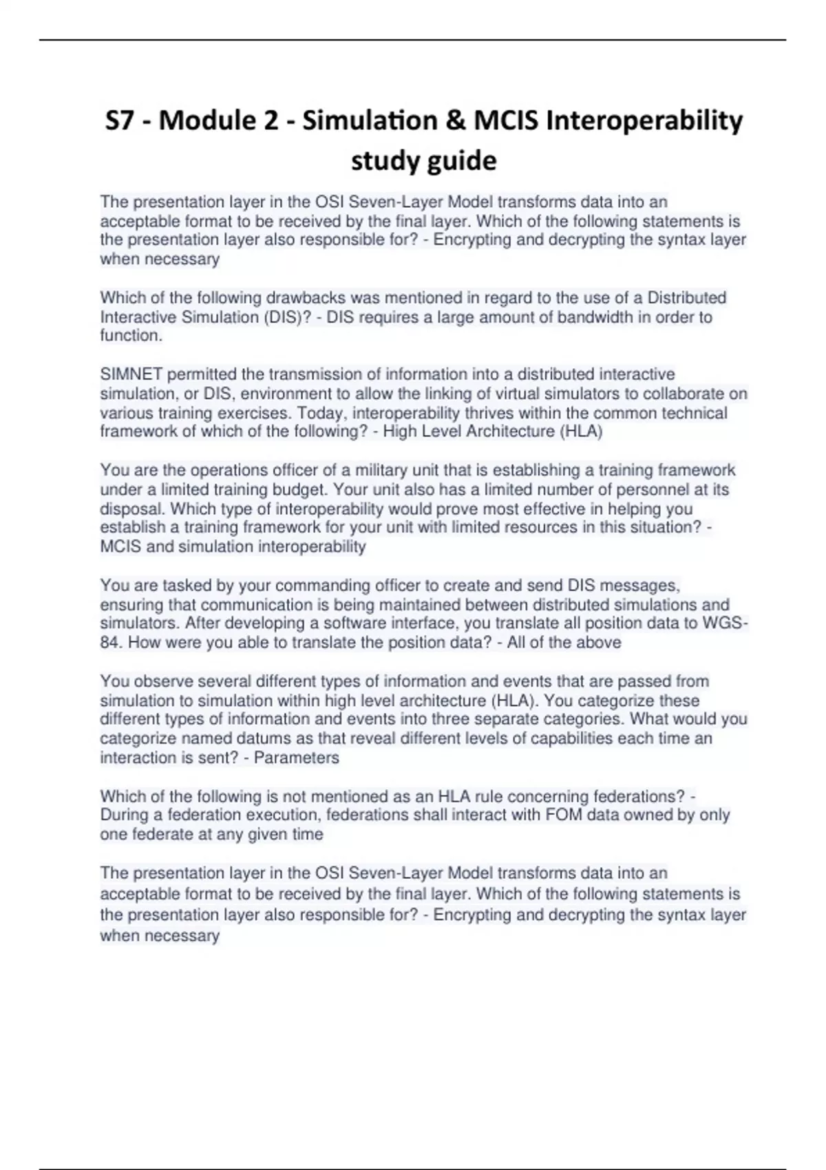 S7 Module 2 Simulation & MCIS Interoperability study guide S7