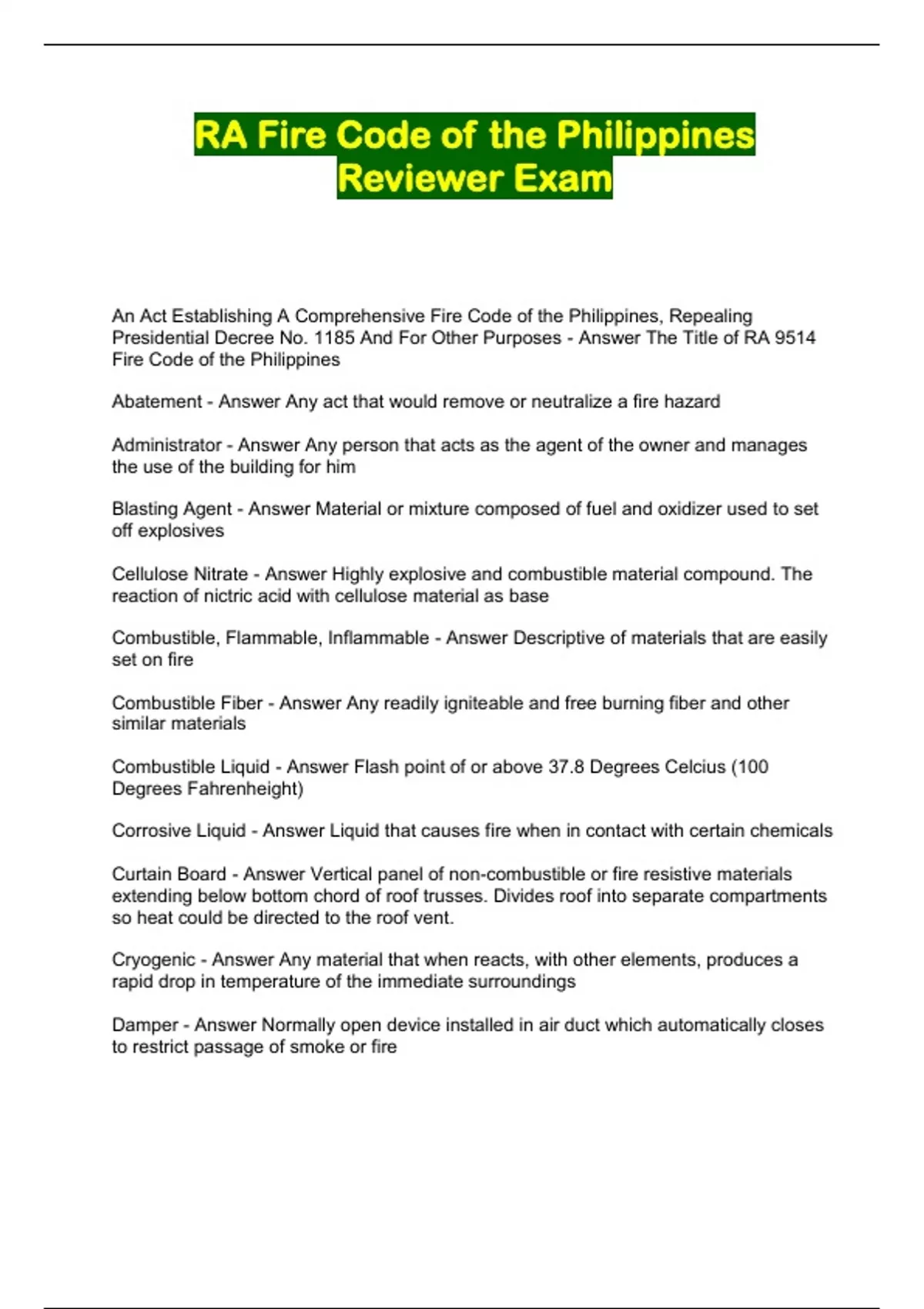 RA Fire Code of the Philippines Reviewer Exam RA Fire Code of the