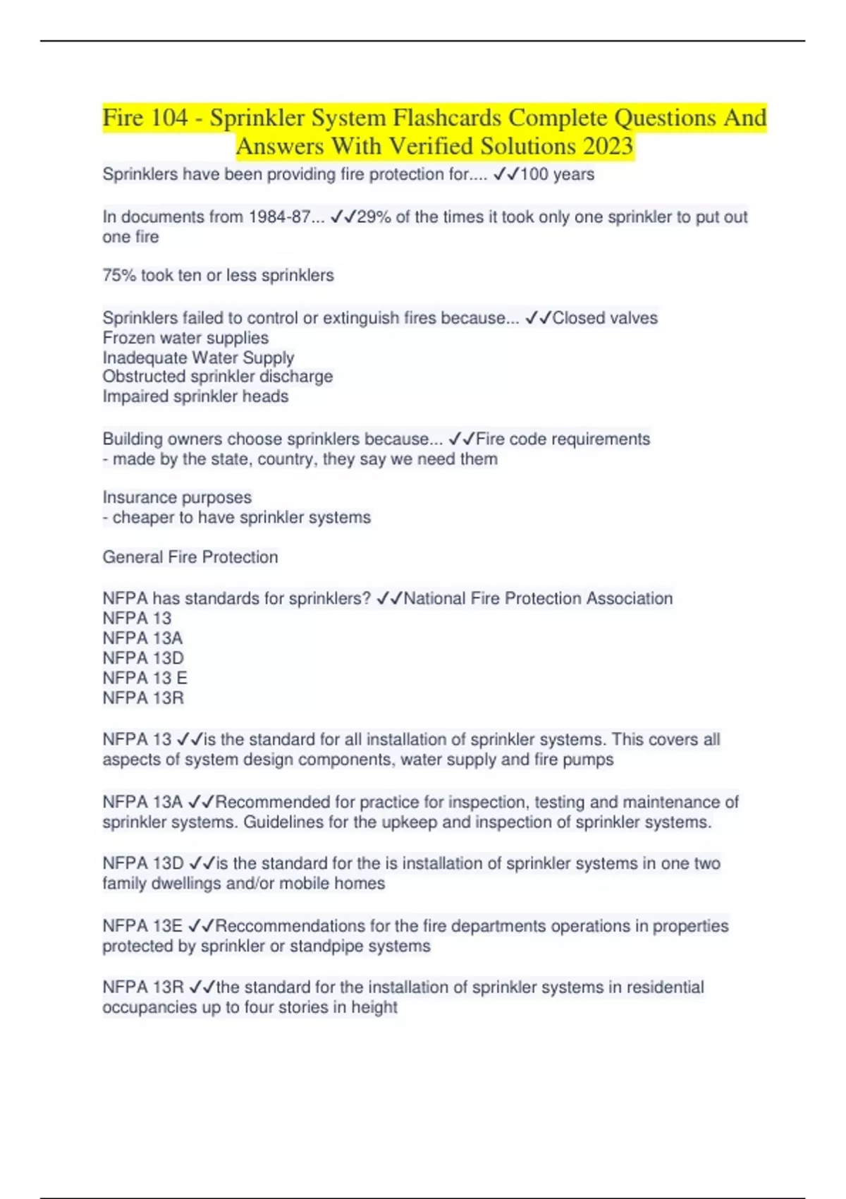 Fire 104 Sprinkler System Flashcards Complete Questions And Answers