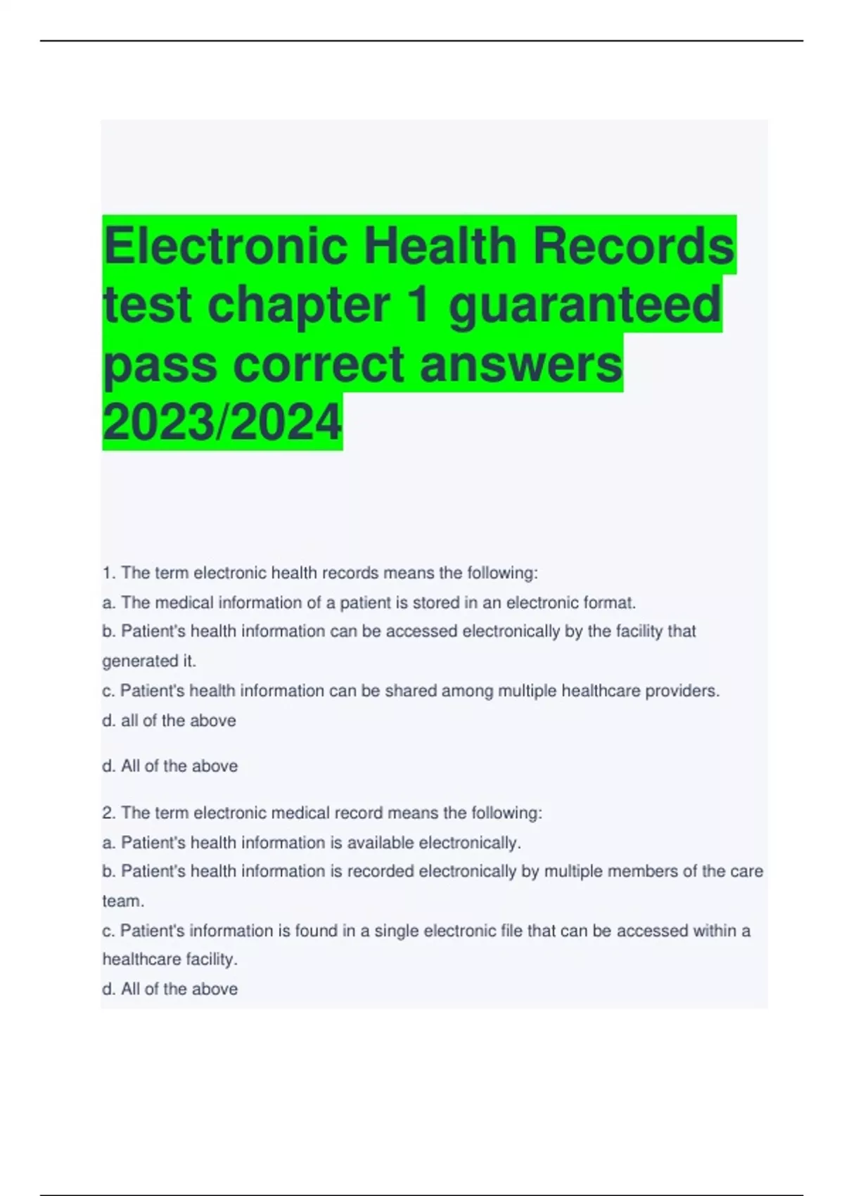 Electronic Health Records test chapter 1 guaranteed pass correct