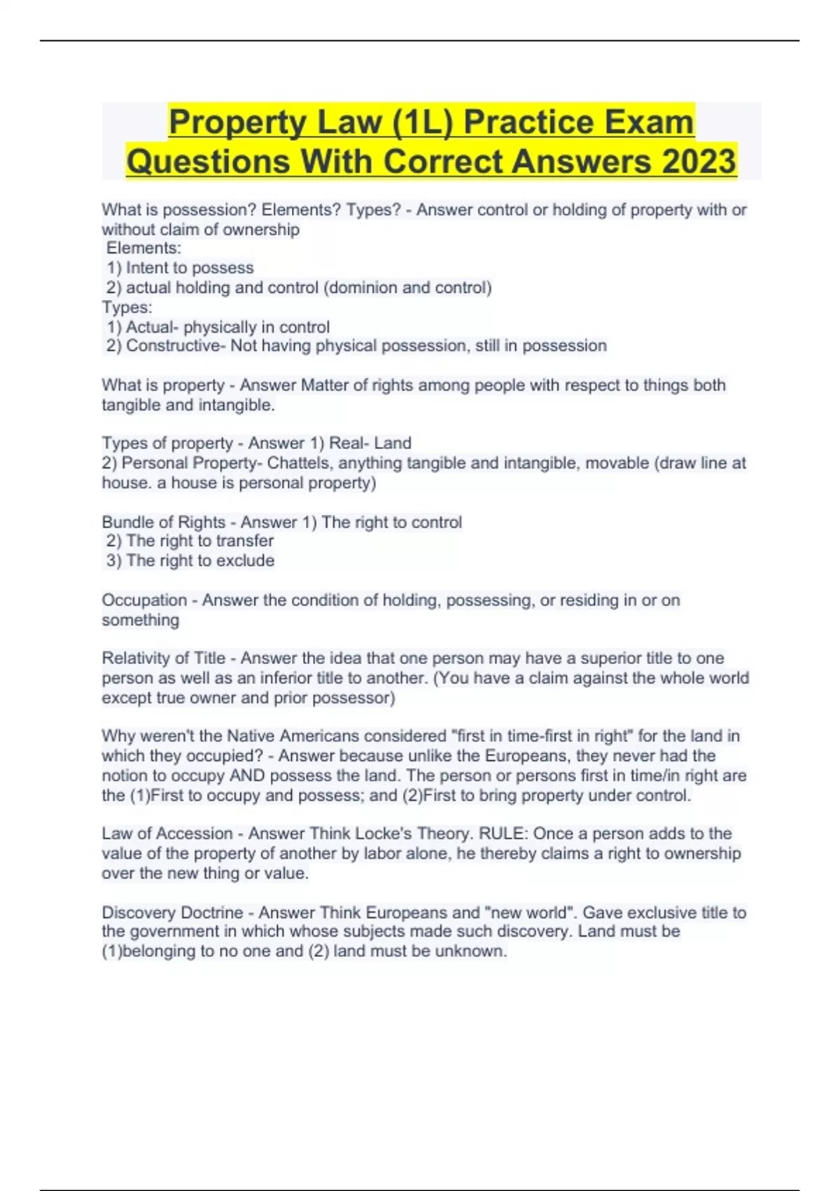 BUNDLE PROPERTY LAW EXAM PRACTICE QUESTIONS WITH CORRECT ANSWERS