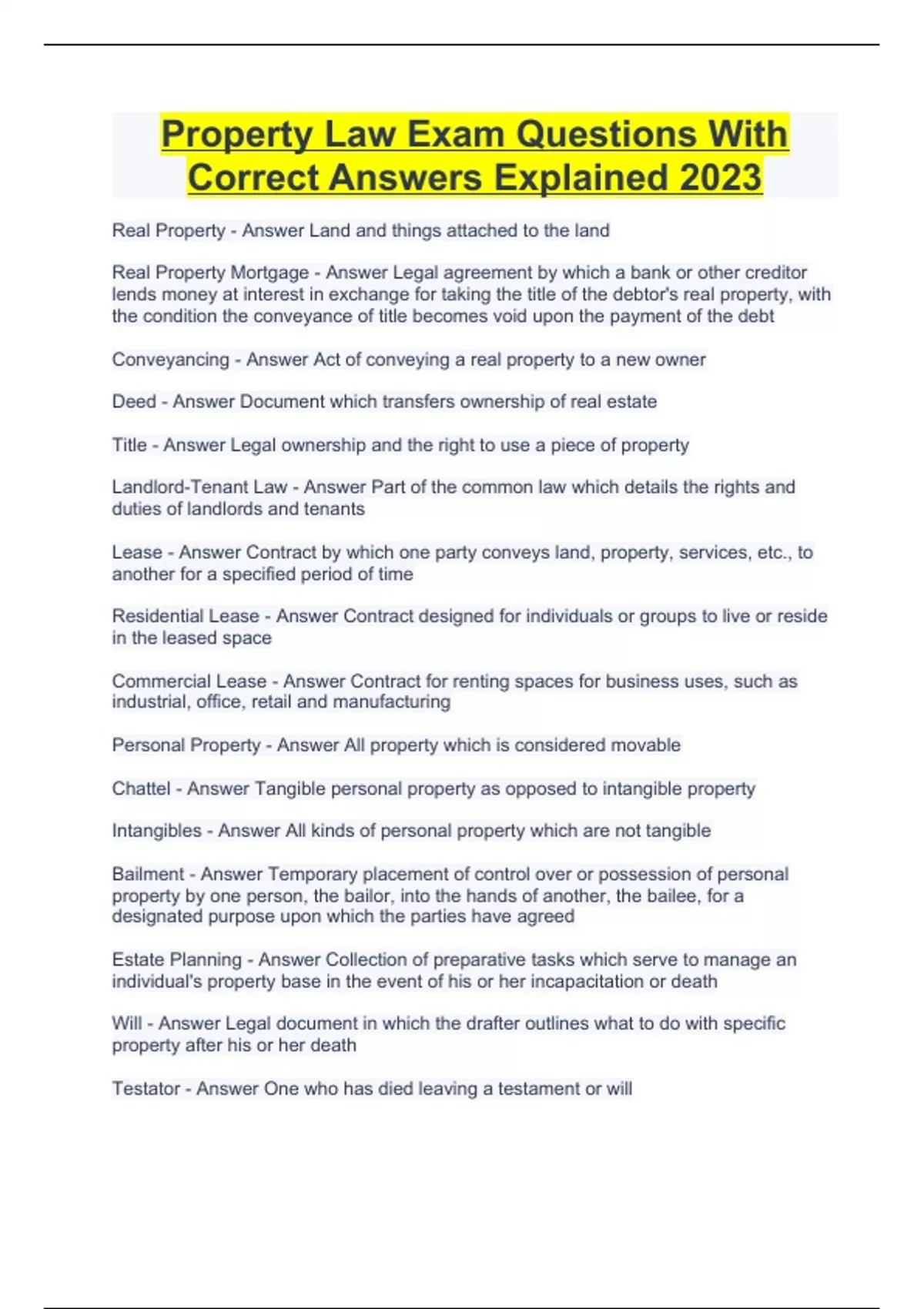 Property Law Exam Questions With Correct Answers Explained 2023 Property Law Stuvia US