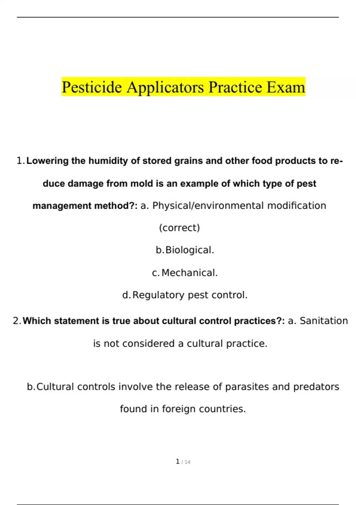 Pesticide Applicators Practice Exam QUESTIONS & ANSWERS 2023( A+ GRADED