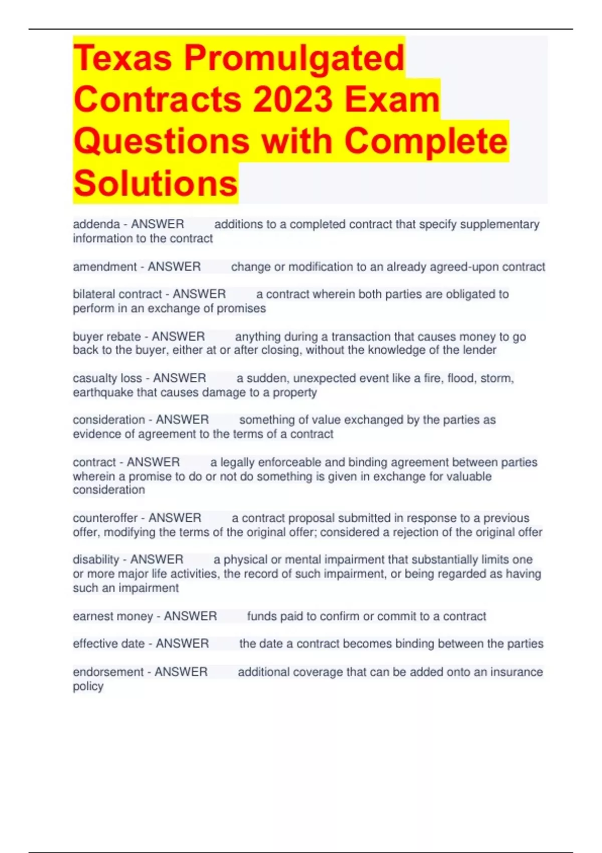 Texas Promulgated Contracts 2023 Exam Questions with Complete Solutions