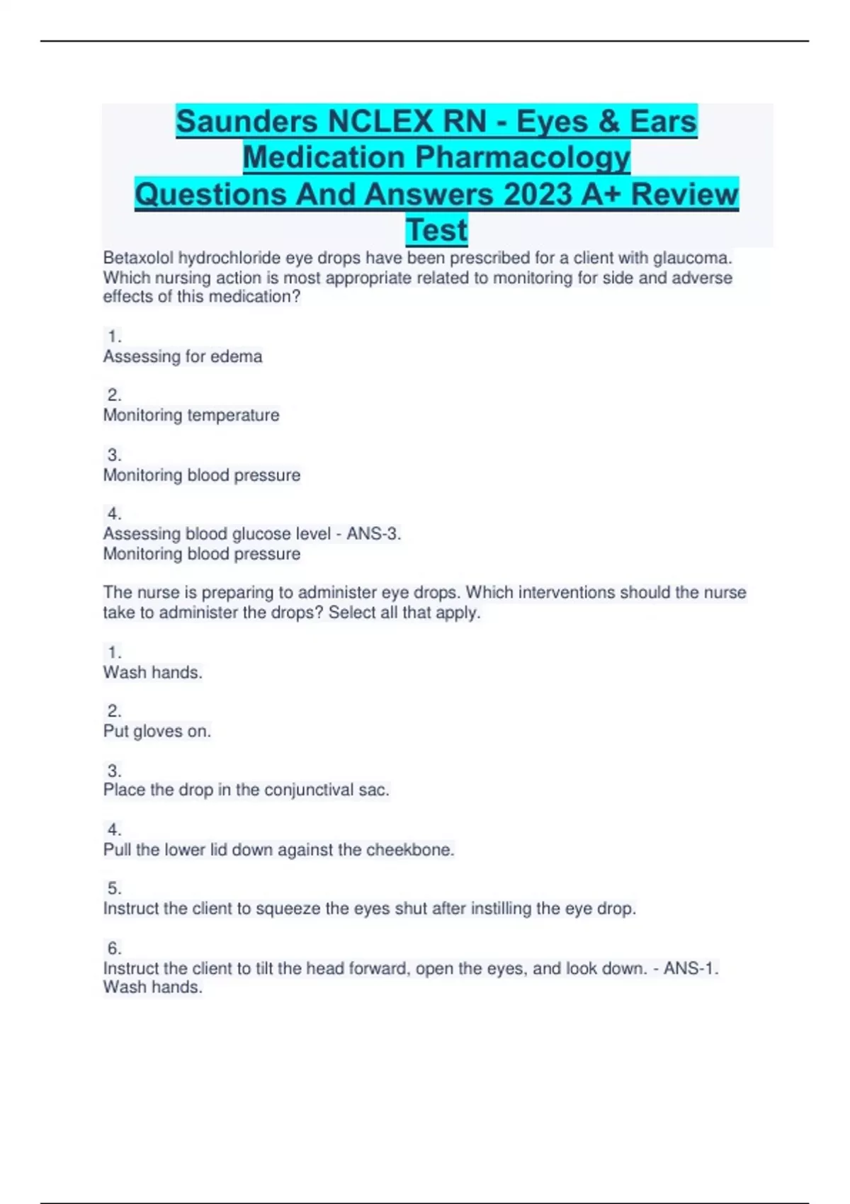 Saunders NCLEX RN Eyes & Ears Medication Pharmacology Questions And