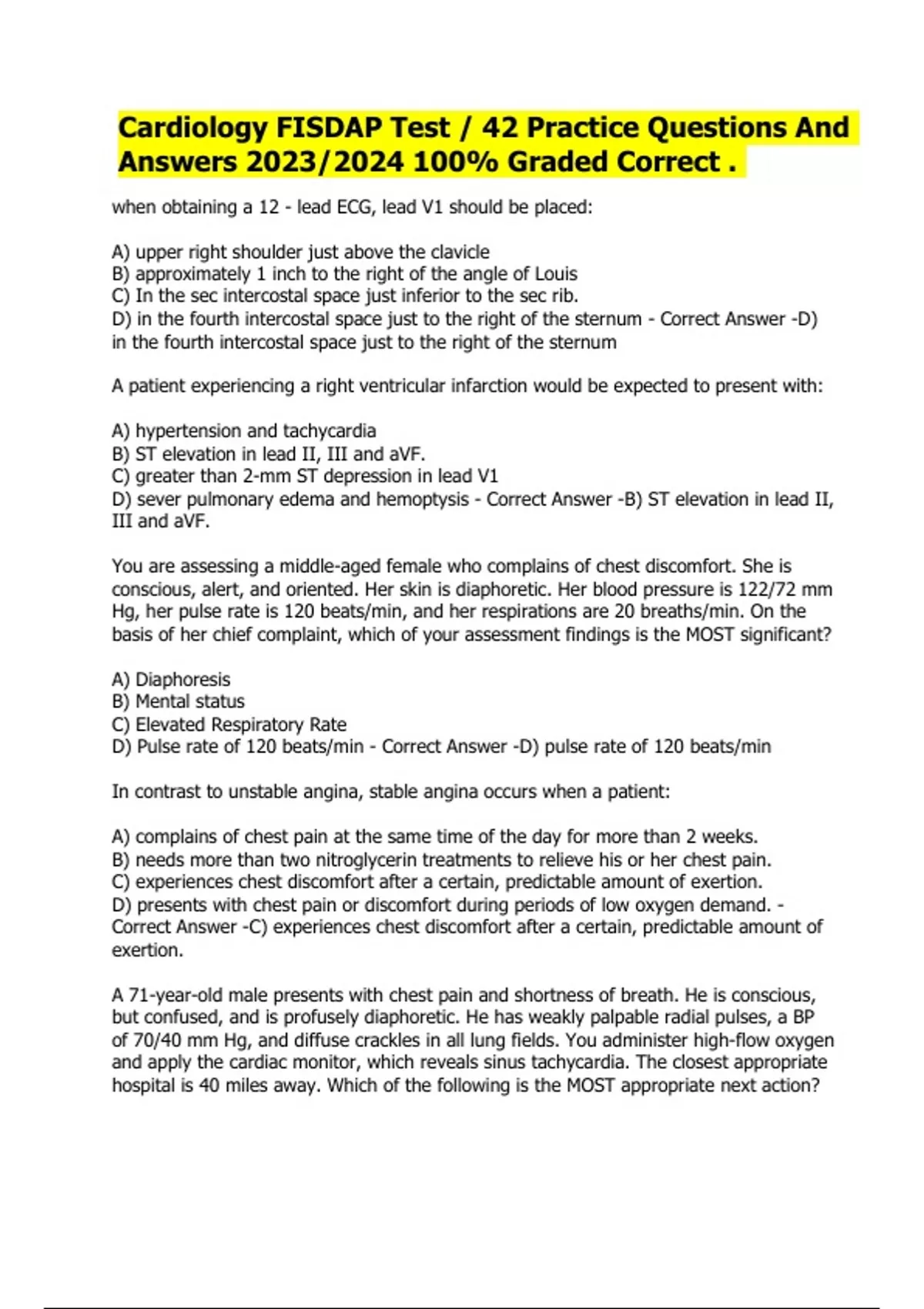 Cardiology FISDAP Test / 42 Practice Questions And Answers 2023/2024 ...