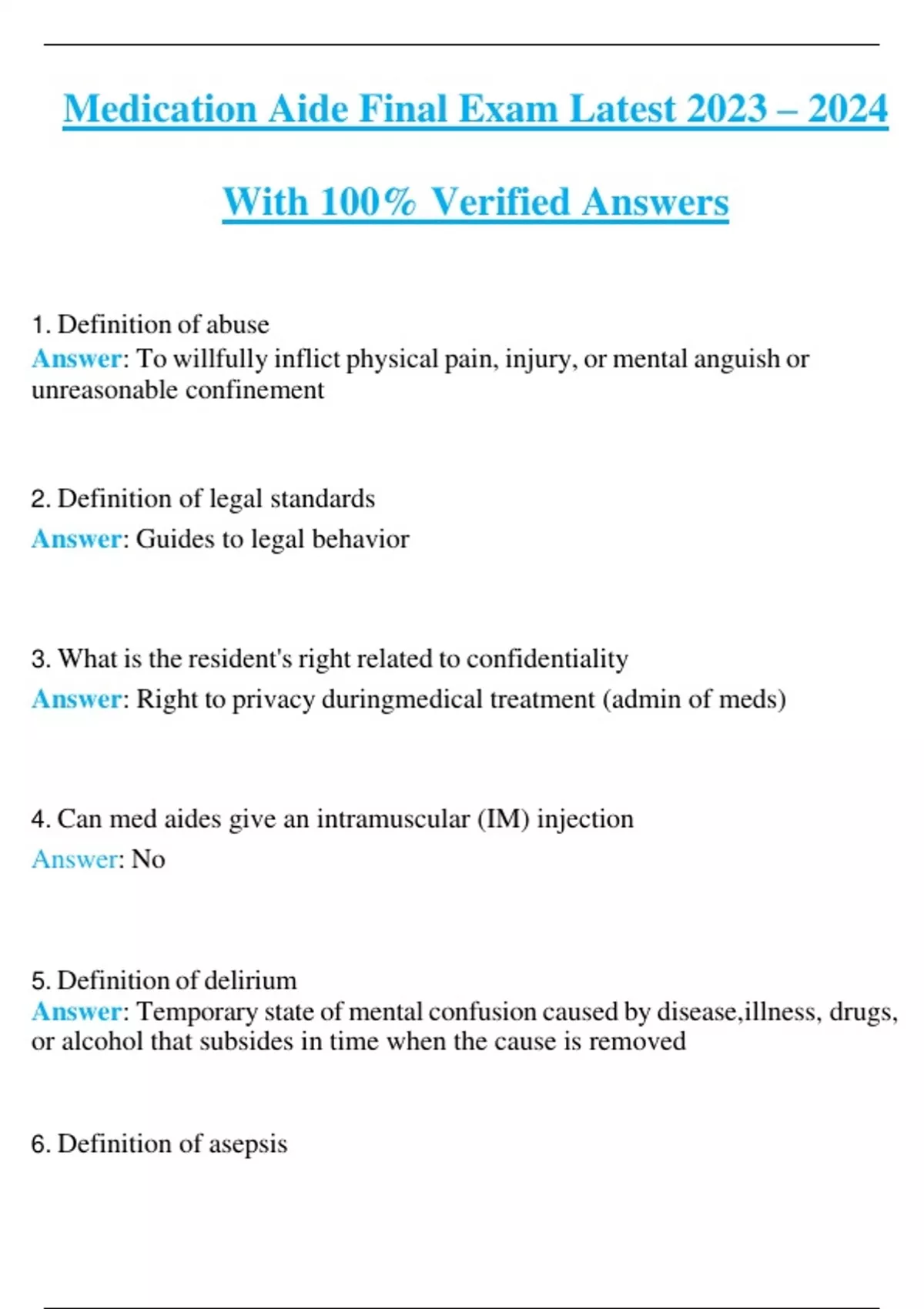 Medication Aide Final Exam Latest 2023 2024 With 100 Verified