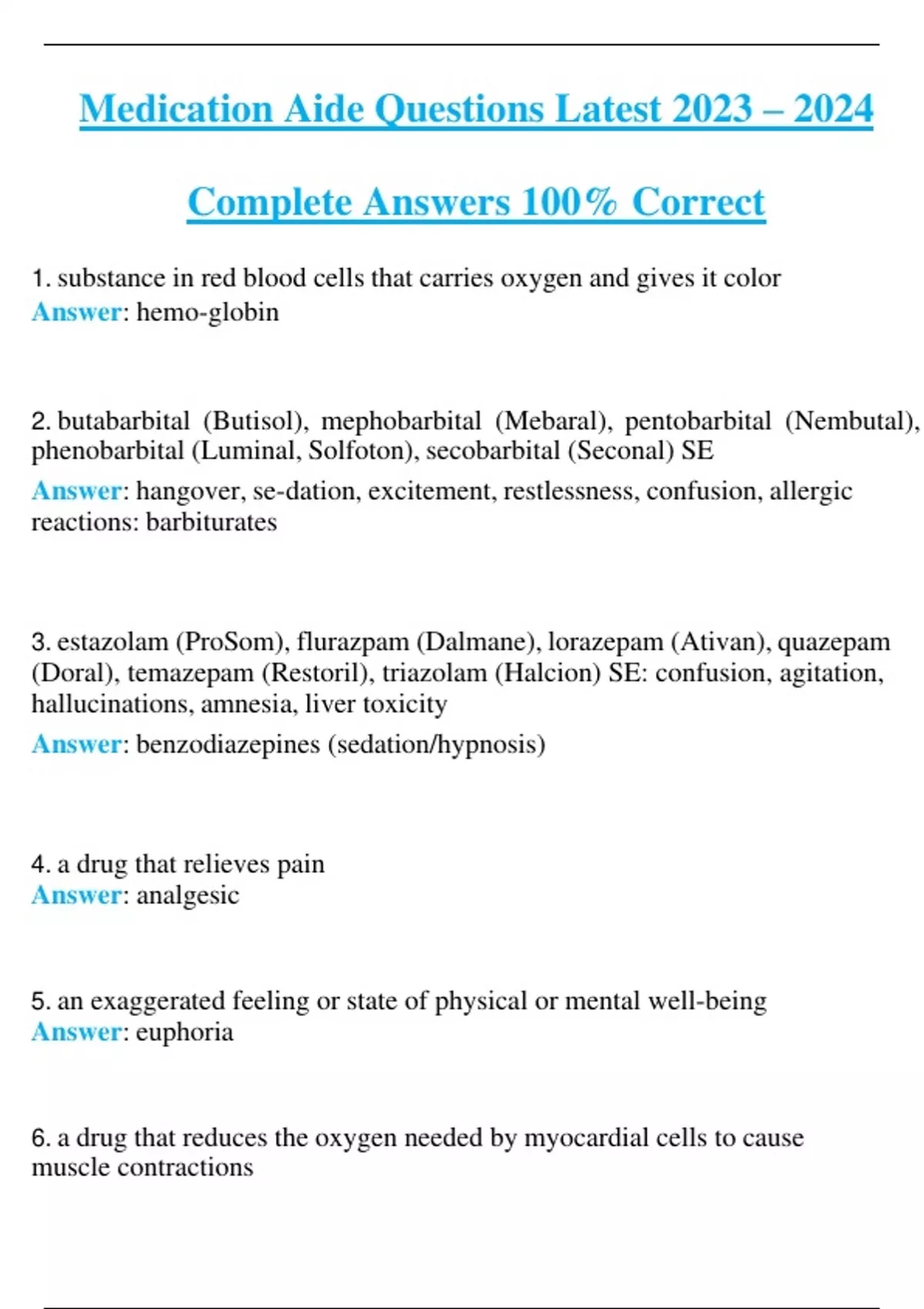 Medication Aide Questions Latest 2023 2024 Complete Answers 100 Correct Medication Aide
