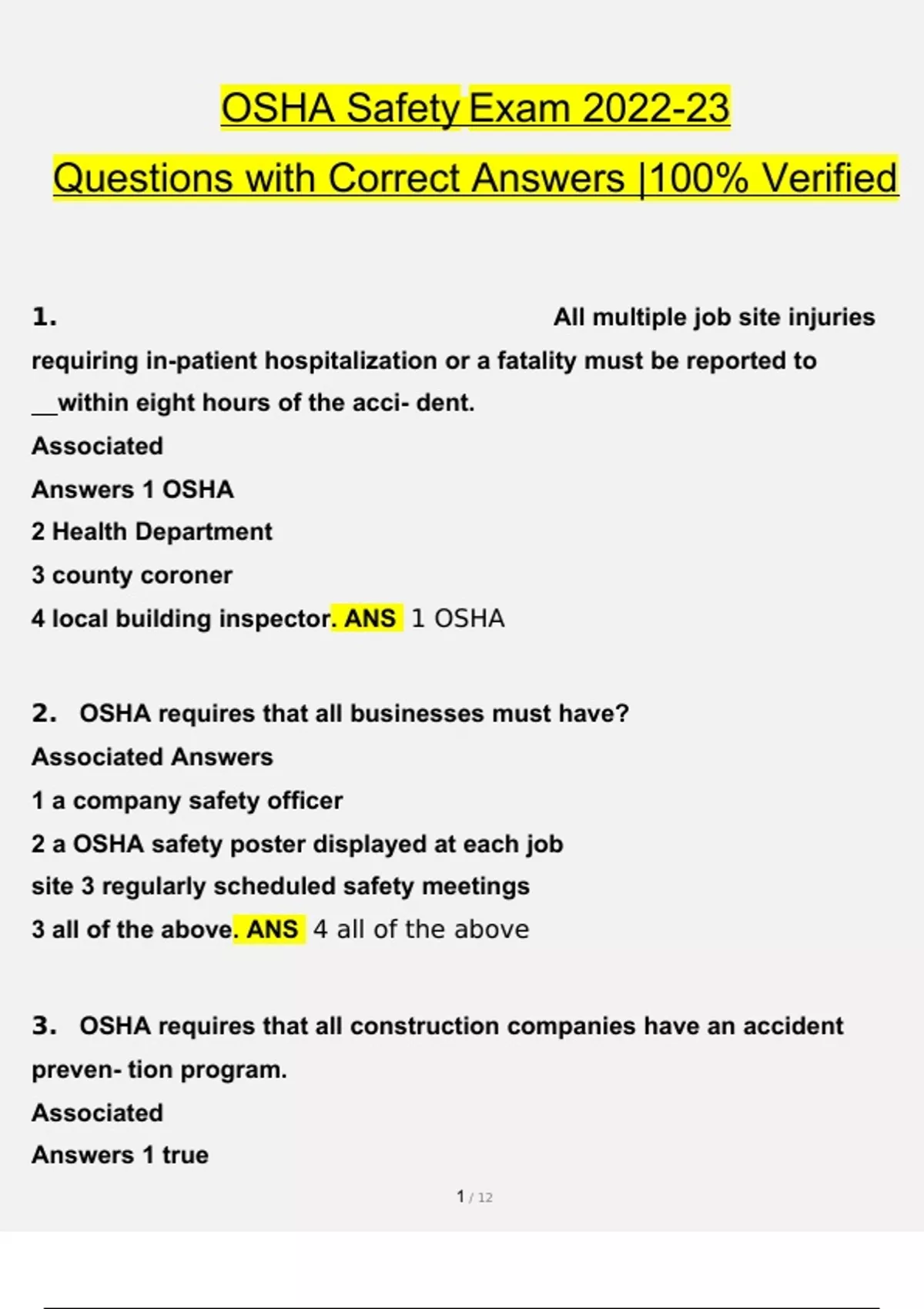 OSHA Safety Exam Questions with Correct Answers 100 Verified OSHA