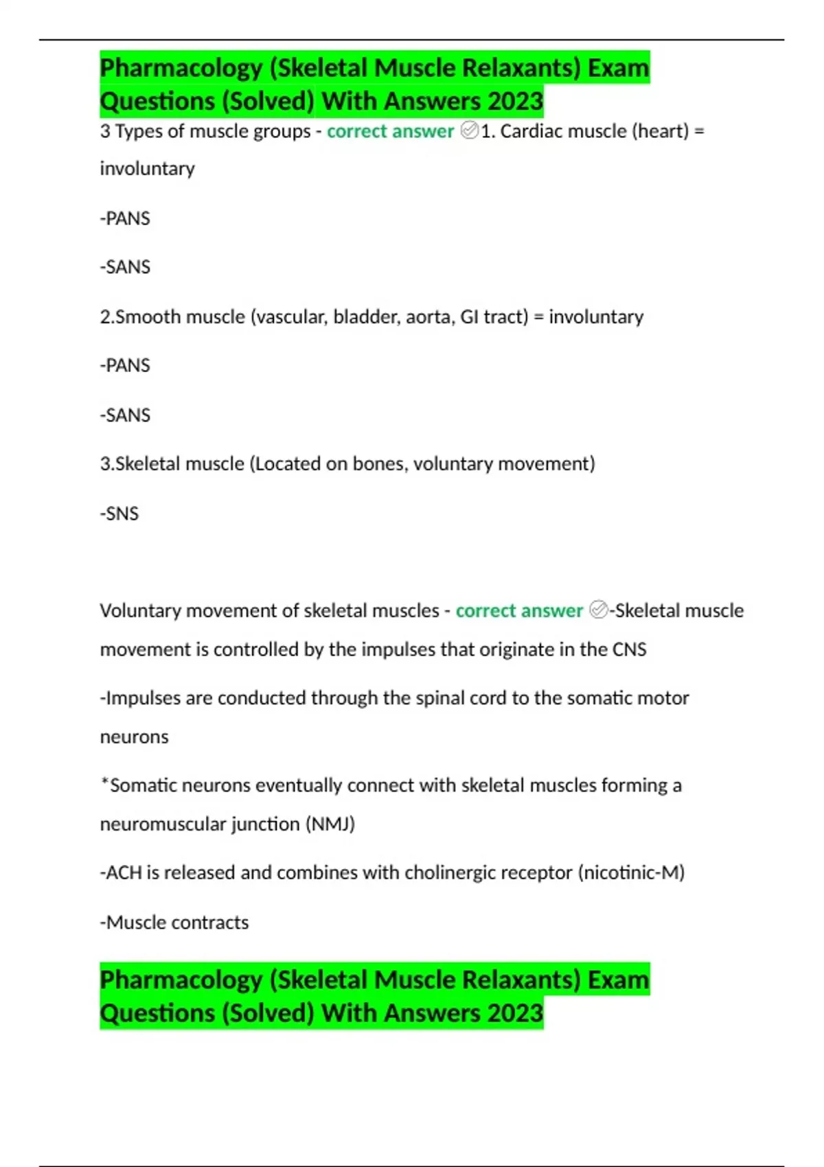 Pharmacology (Skeletal Muscle Relaxants) Exam Questions (Solved) With ...