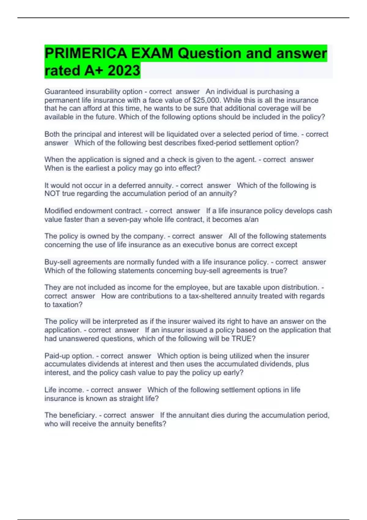 PRIMERICA EXAM Question and answer rated A+ 2023 PRIMERICA Stuvia NL