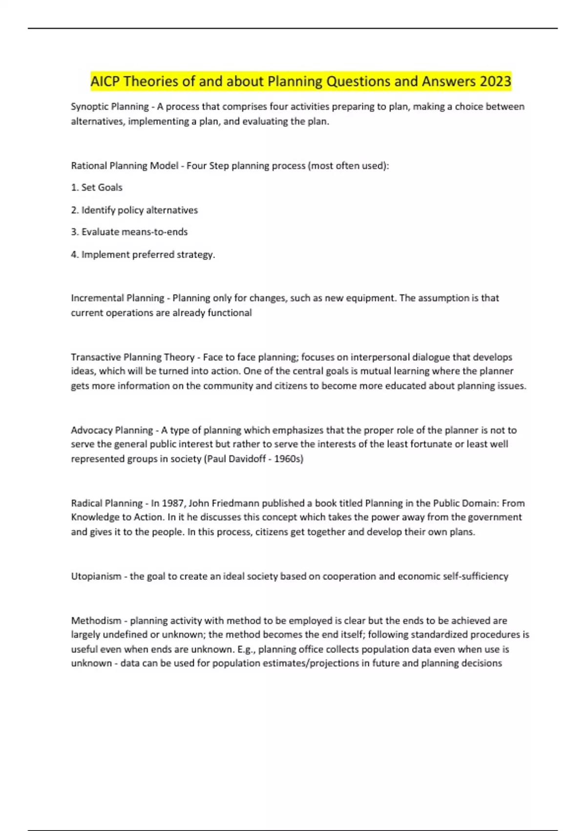 AICP Theories of and about Planning Questions and Answers 2023 AICP