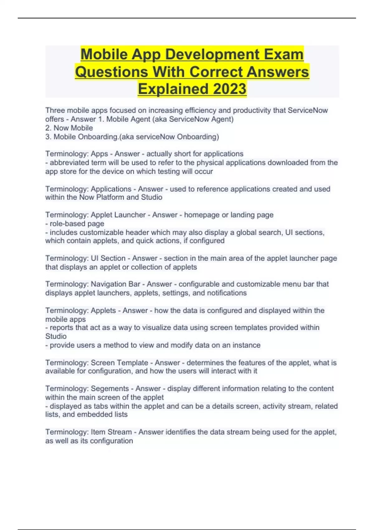 Mobile App Development Exam Questions With Correct Answers Explained ...