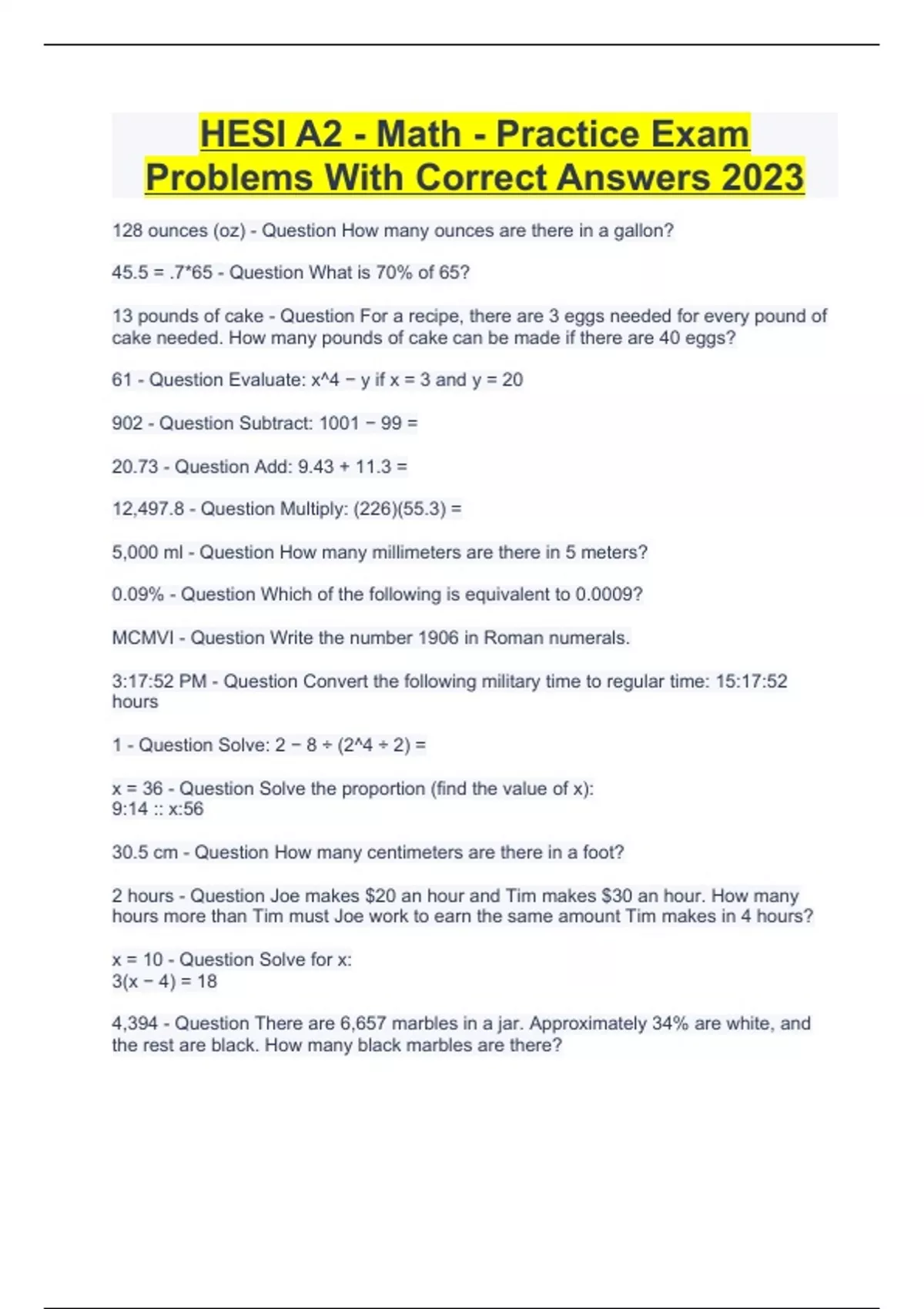 HESI A2 Math Practice Exam Problems With Correct Answers 2023 Hesi Stuvia US