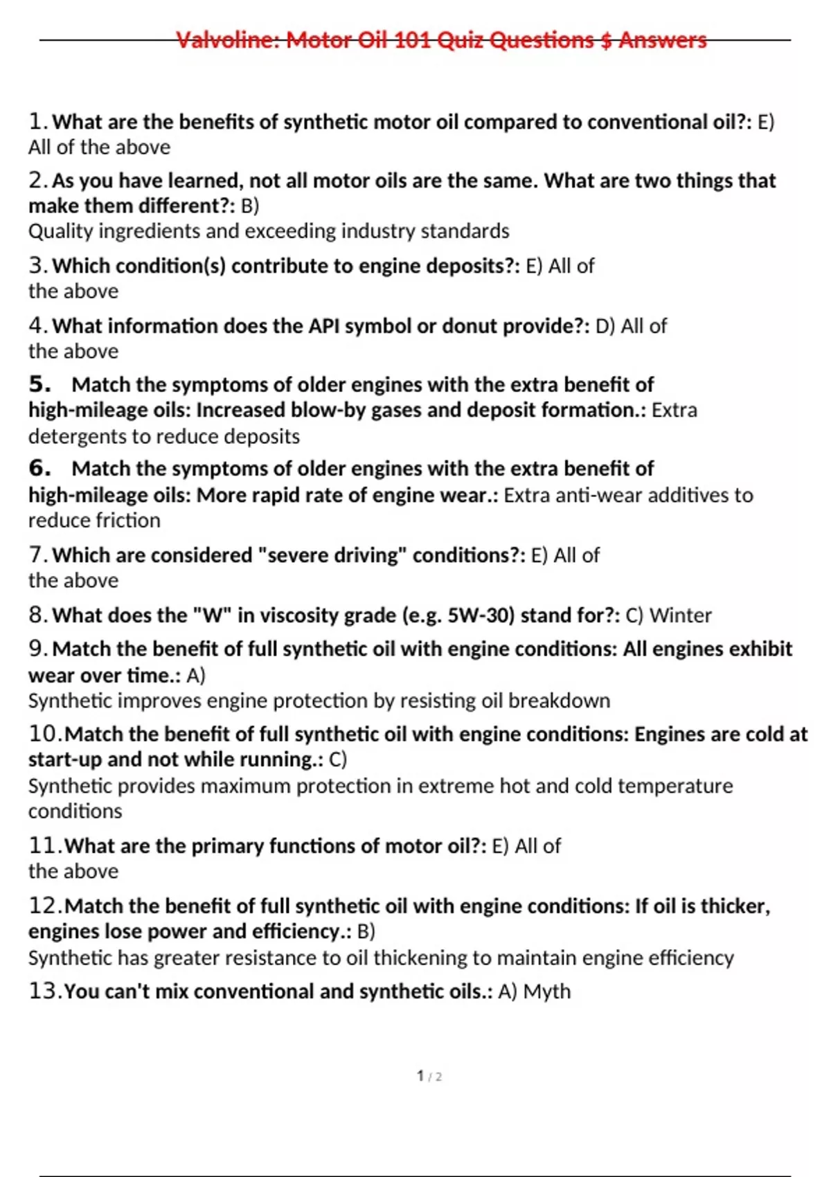 Valvoline Motor Oil 101 Quiz 2023 Questions Answers Valvoline