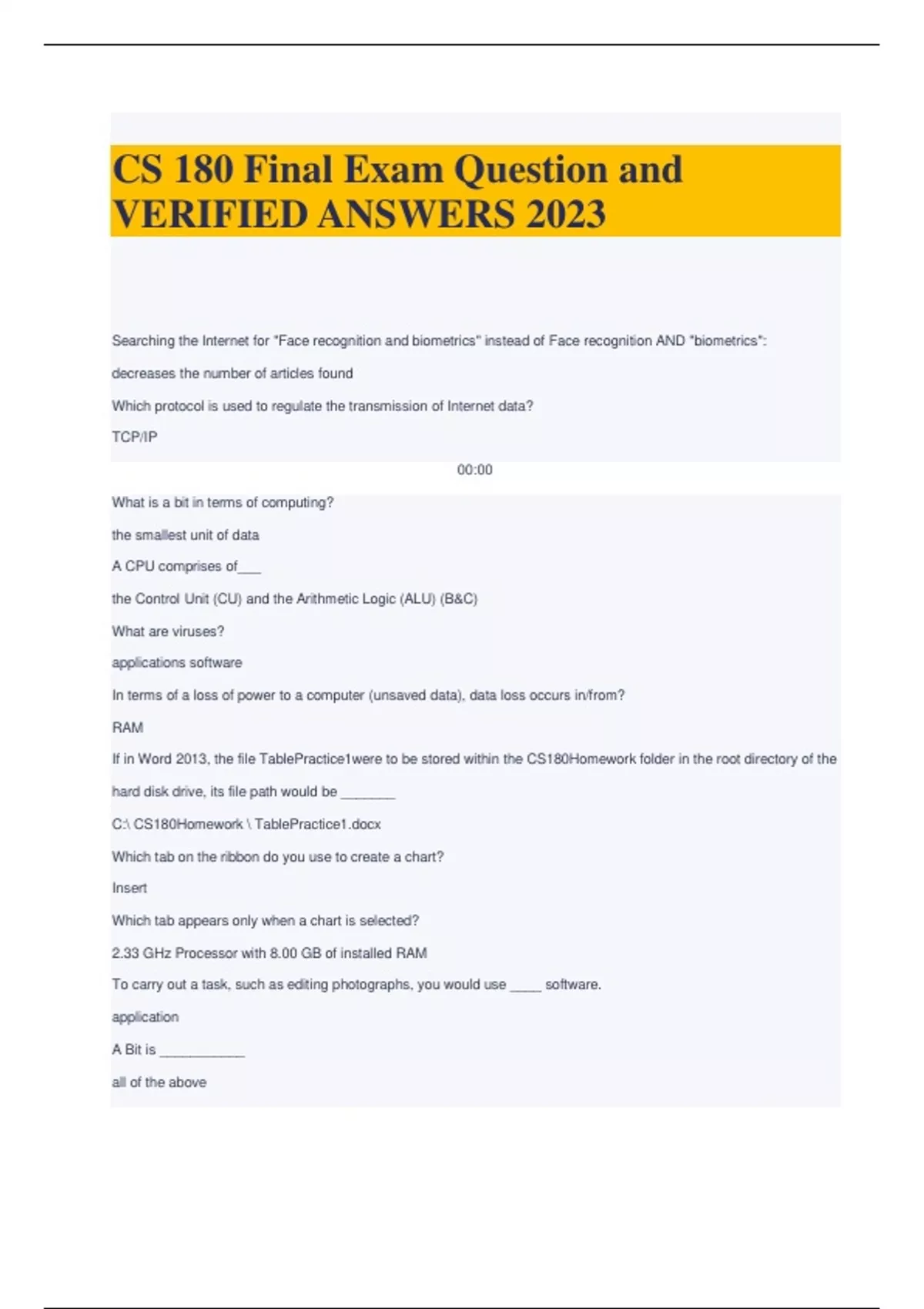 CS 180 Final Exam Question and VERIFIED ANSWERS 2023 - C180 - Stuvia US
