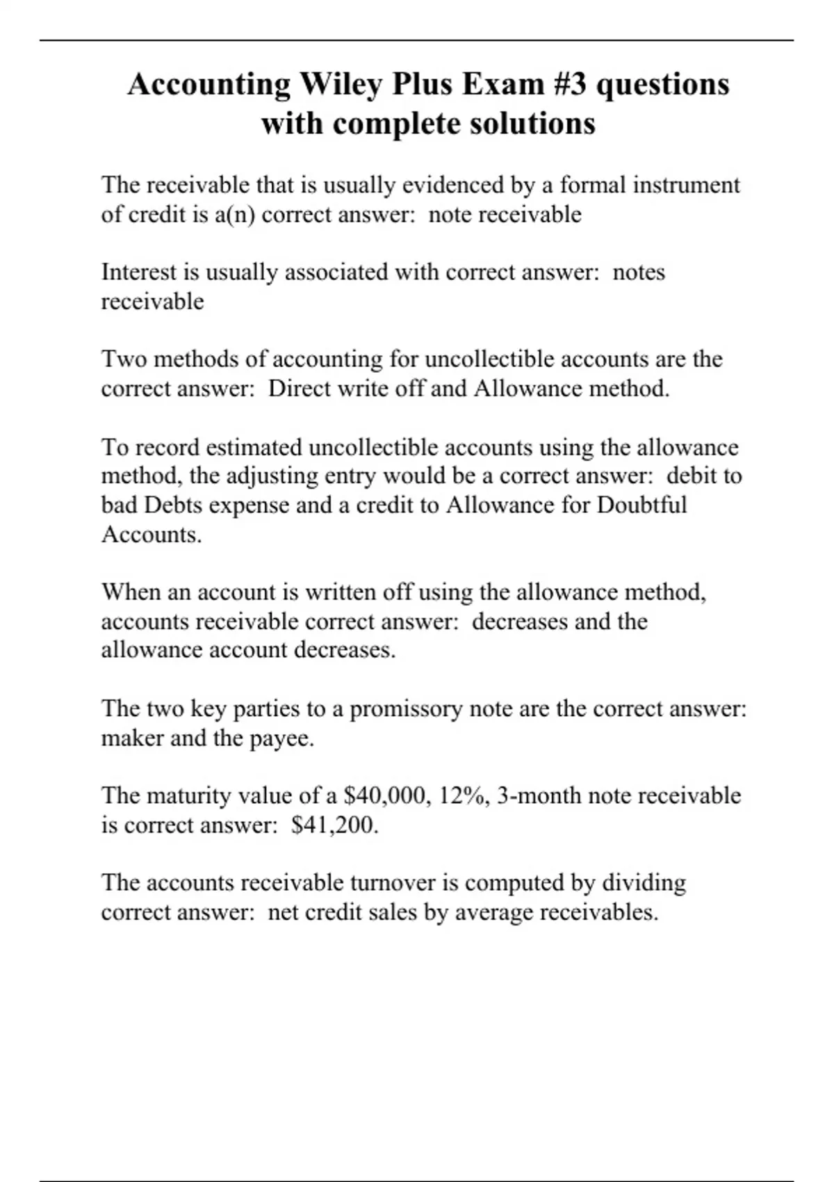 Accounting Wiley Plus Exam 3 questions with complete solutions Wiley