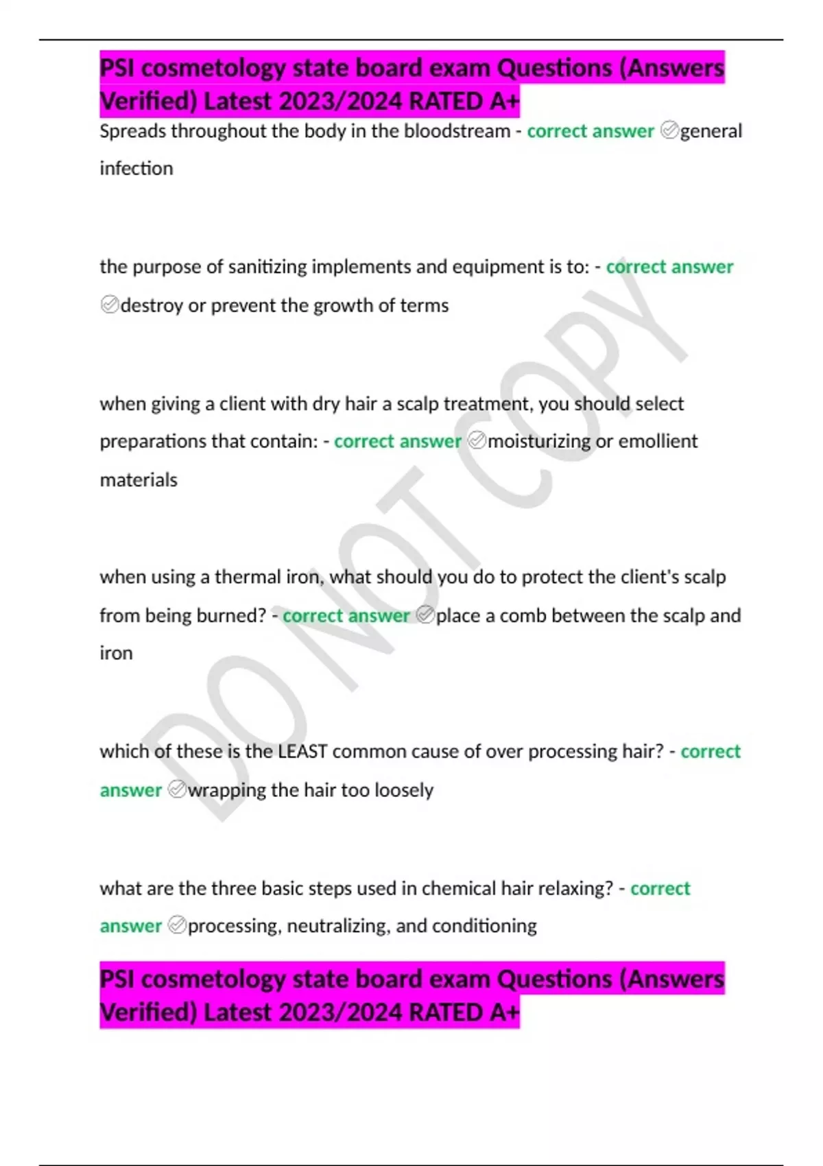 PSI cosmetology state board exam Questions (Answers Verified) Latest