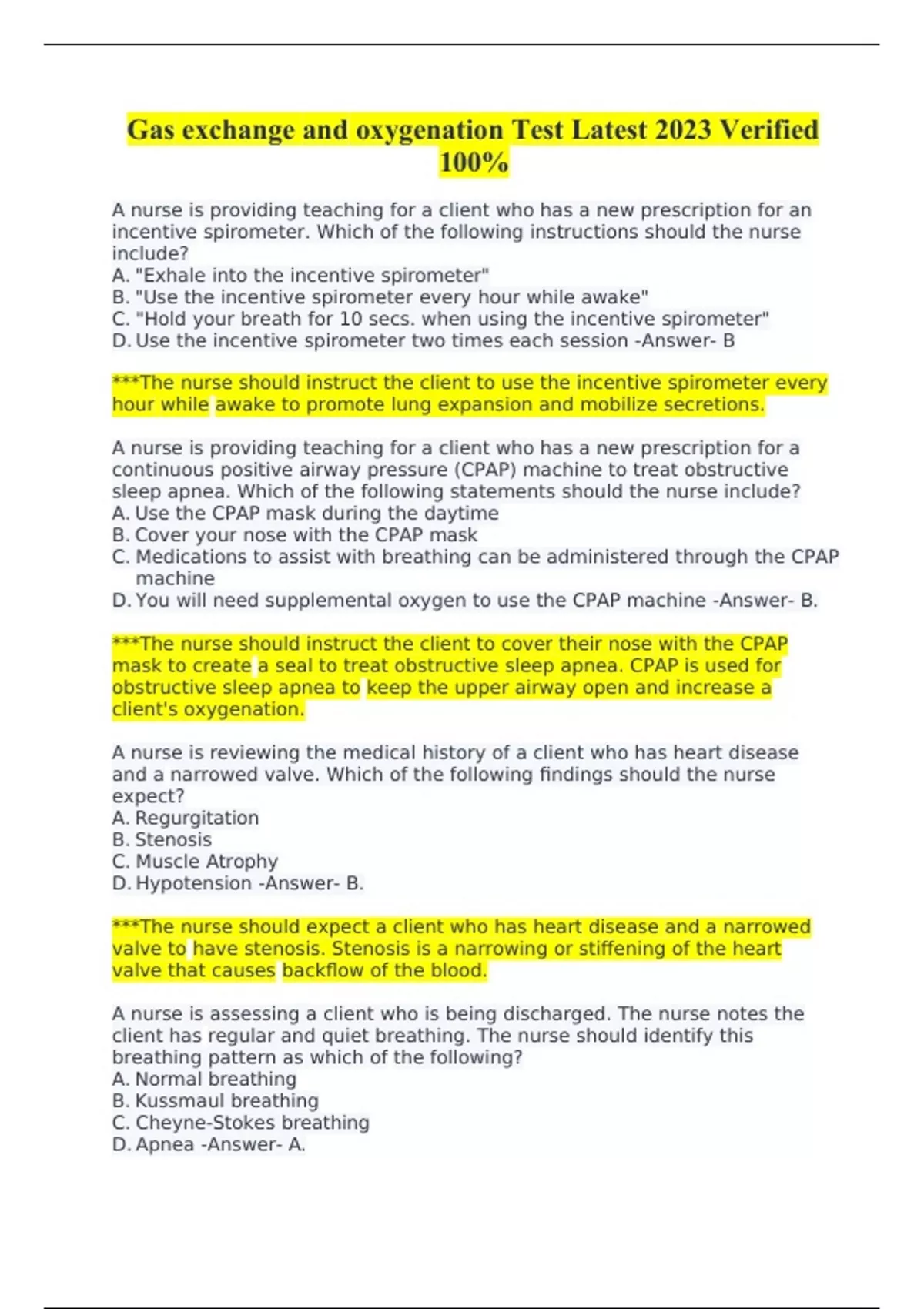 Gas exchange and oxygenation Test Latest 2023 Verified 100% - Gas