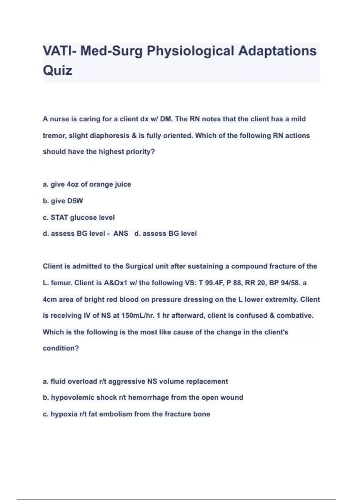 VATI MedSurg Physiological Adaptations Quiz 2023 QUESTIONS & ANSWERS
