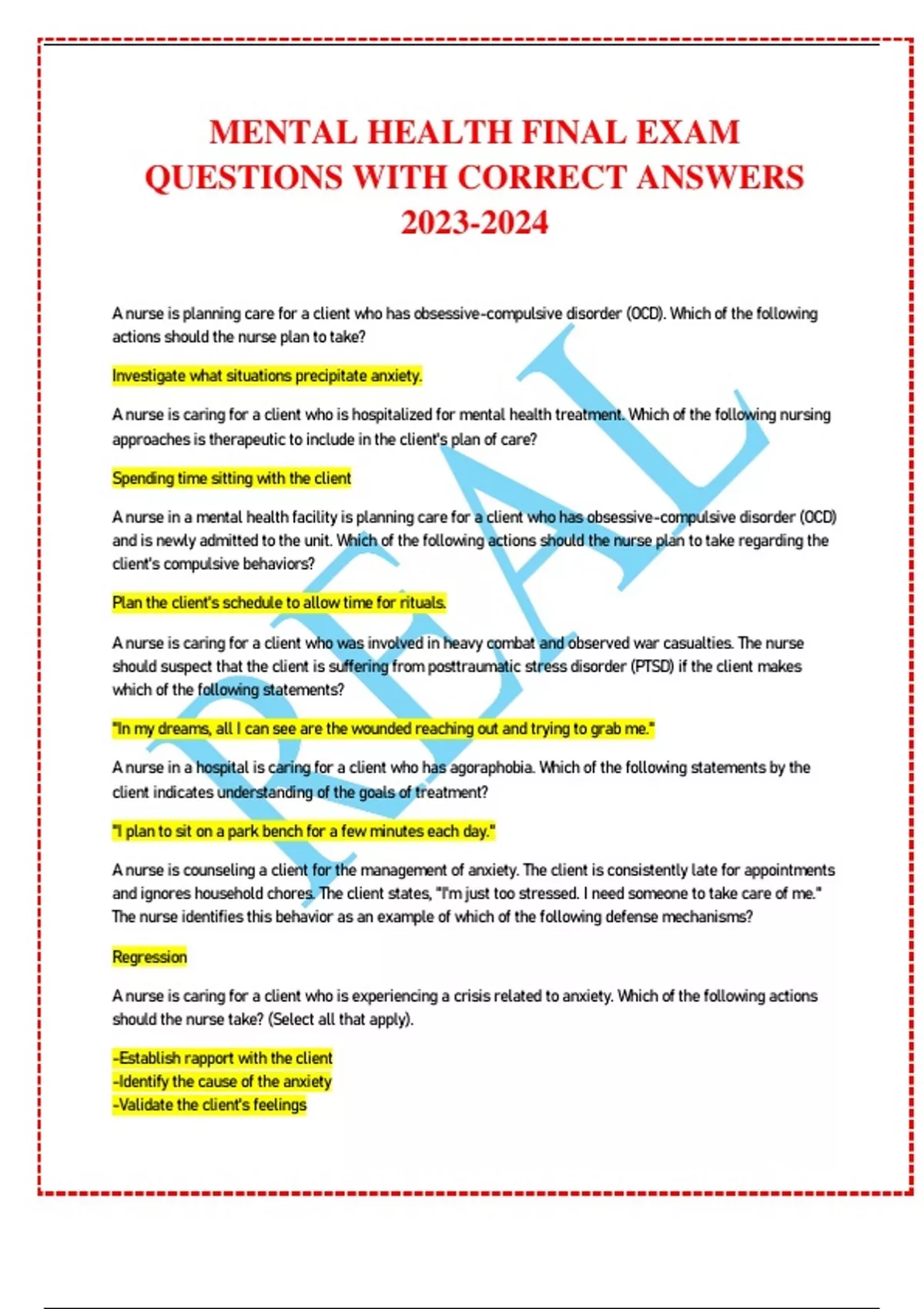 MENTAL HEALTH FINAL EXAM QUESTIONS WITH CORRECT ANSWERS Mental health