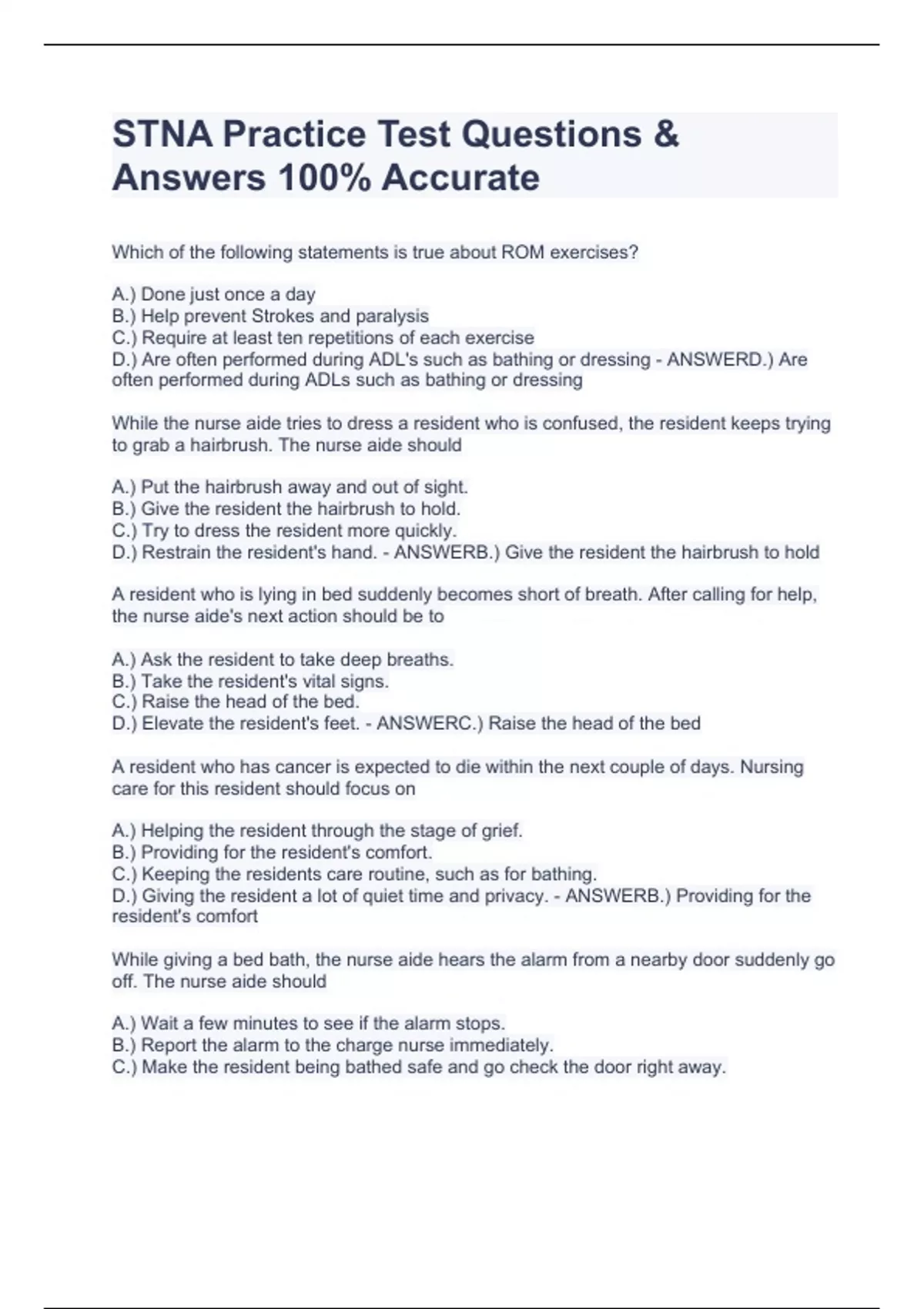 Stna Bit STNA Practice Test Questions & Answers 100% Accurate - STNA - Ohio ...