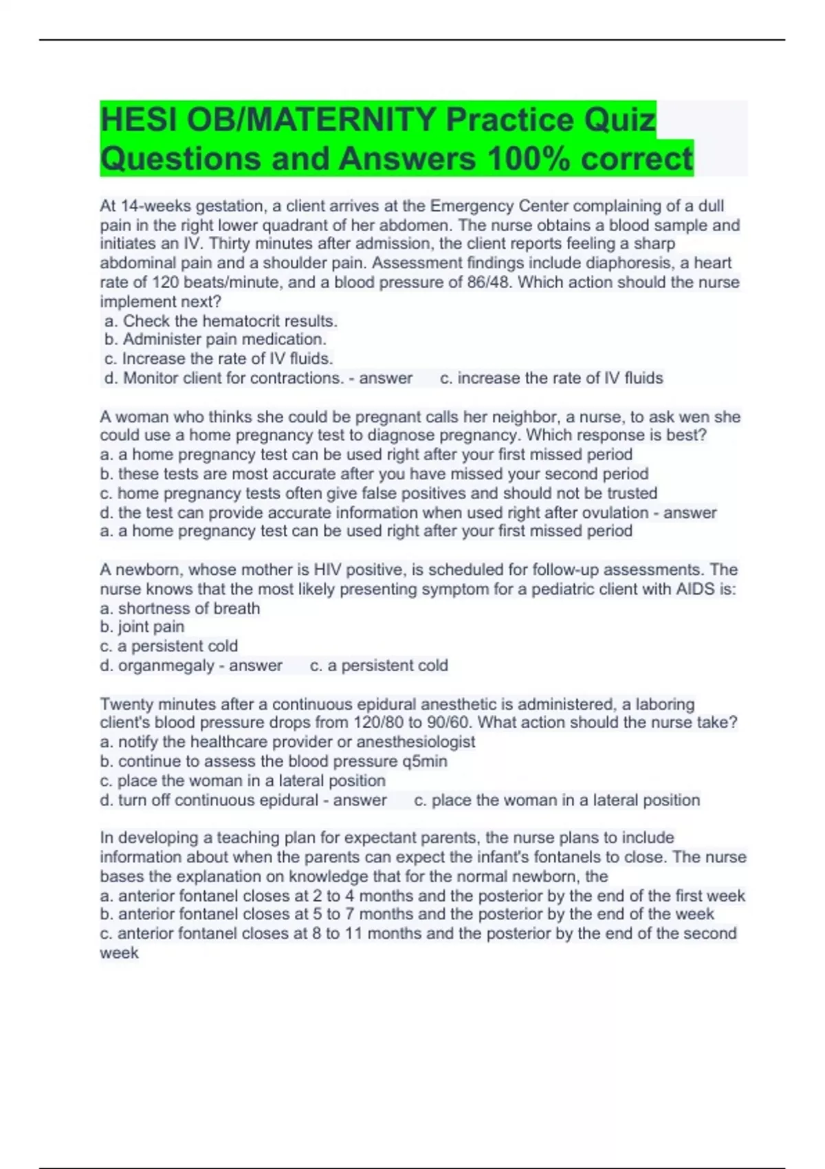 HESI OB/MATERNITY Practice Quiz Questions and Answers 100 correct