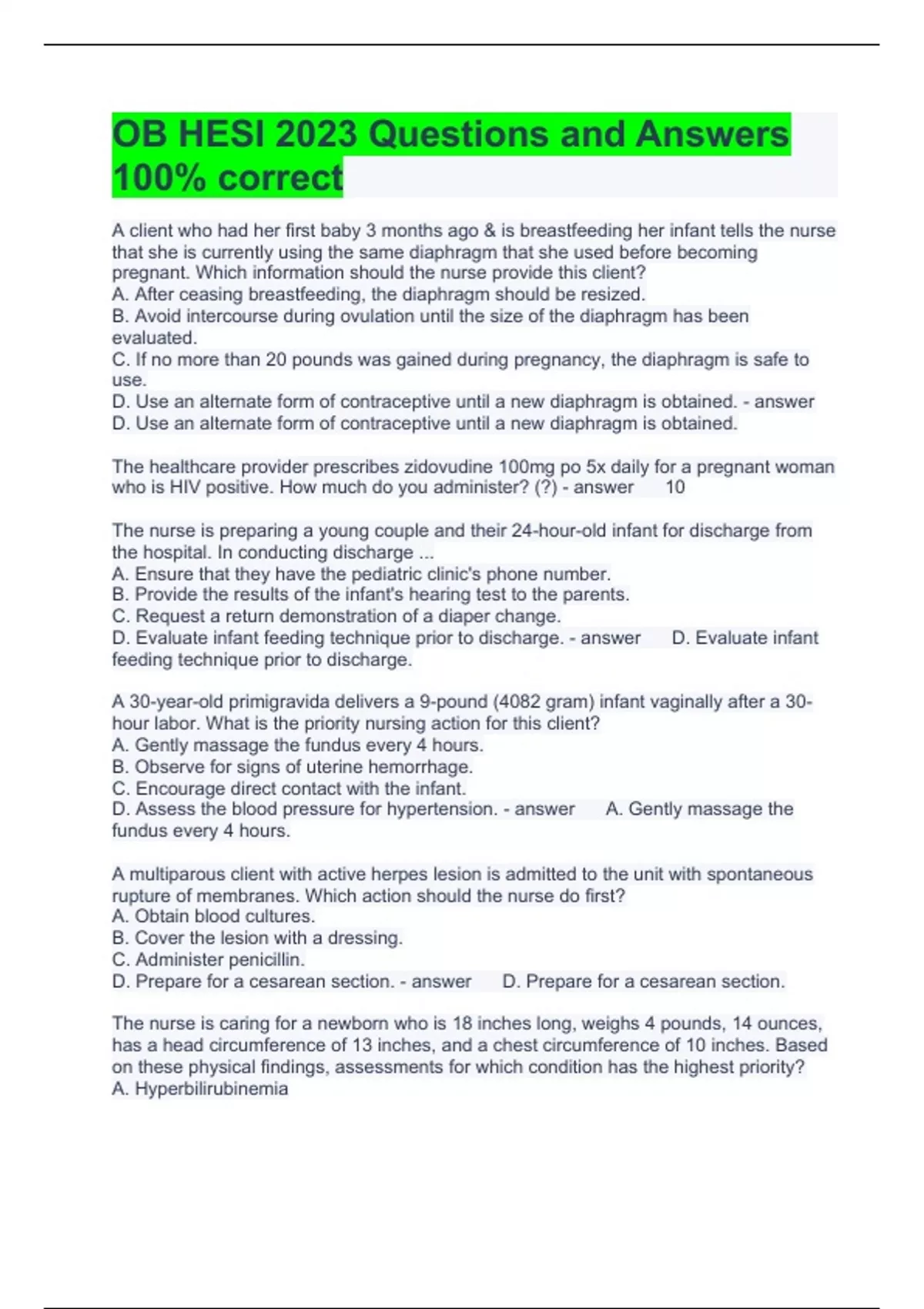 OB HESI 2023 Questions and Answers 100% correct - Hesi ob maternity ...