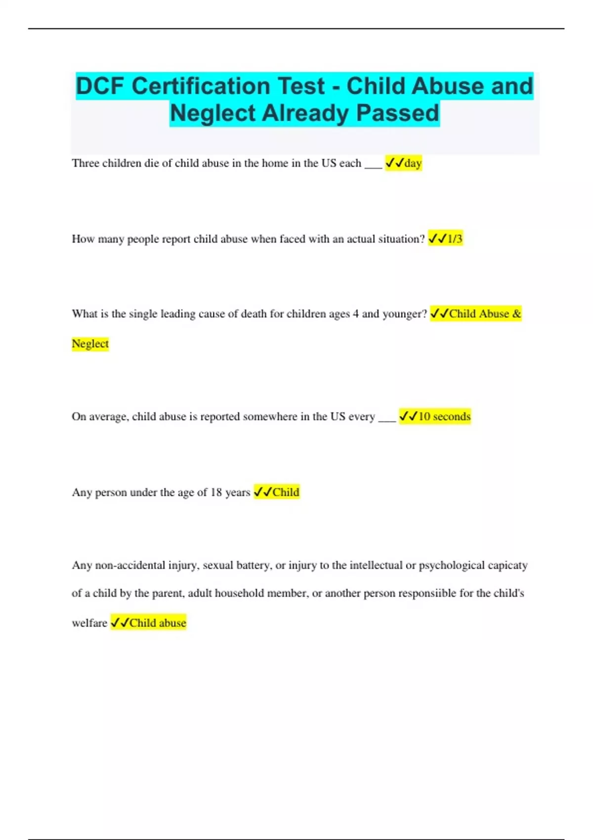 DCF Certification Test - Child Abuse and Neglect Already Passed - DCF ...