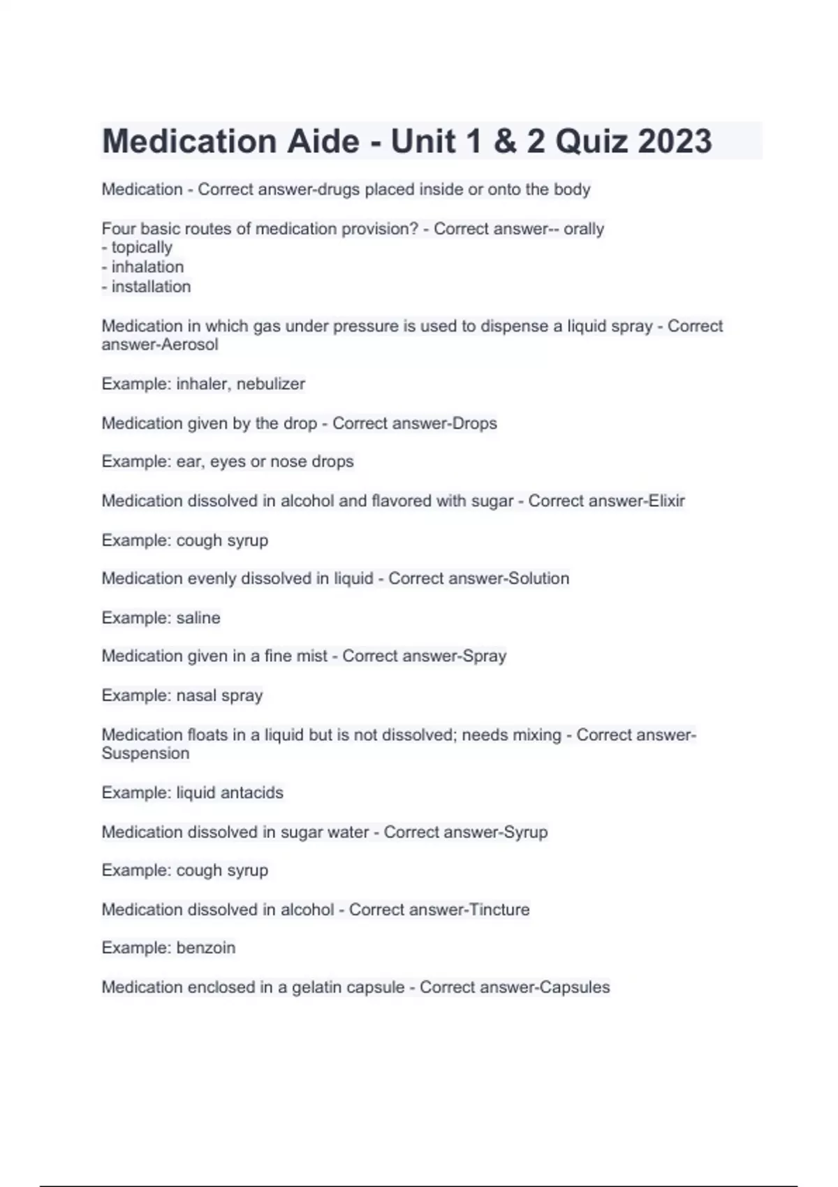 Medication Aide TEST 2023 (Answered), Medication Aide Questions and