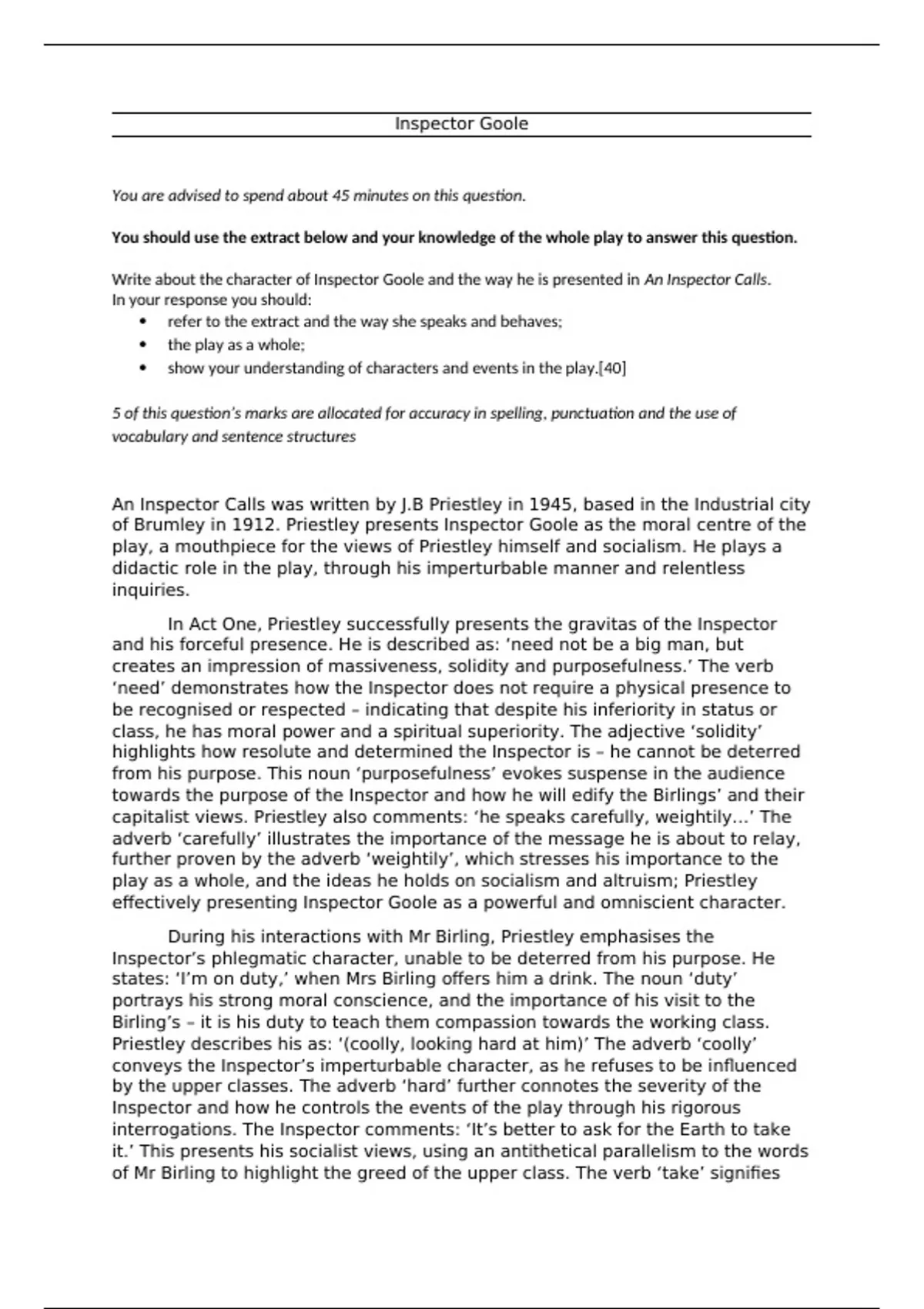 GRADE 9 Essay on Inspector Goole in An Inspector Calls GCSE English