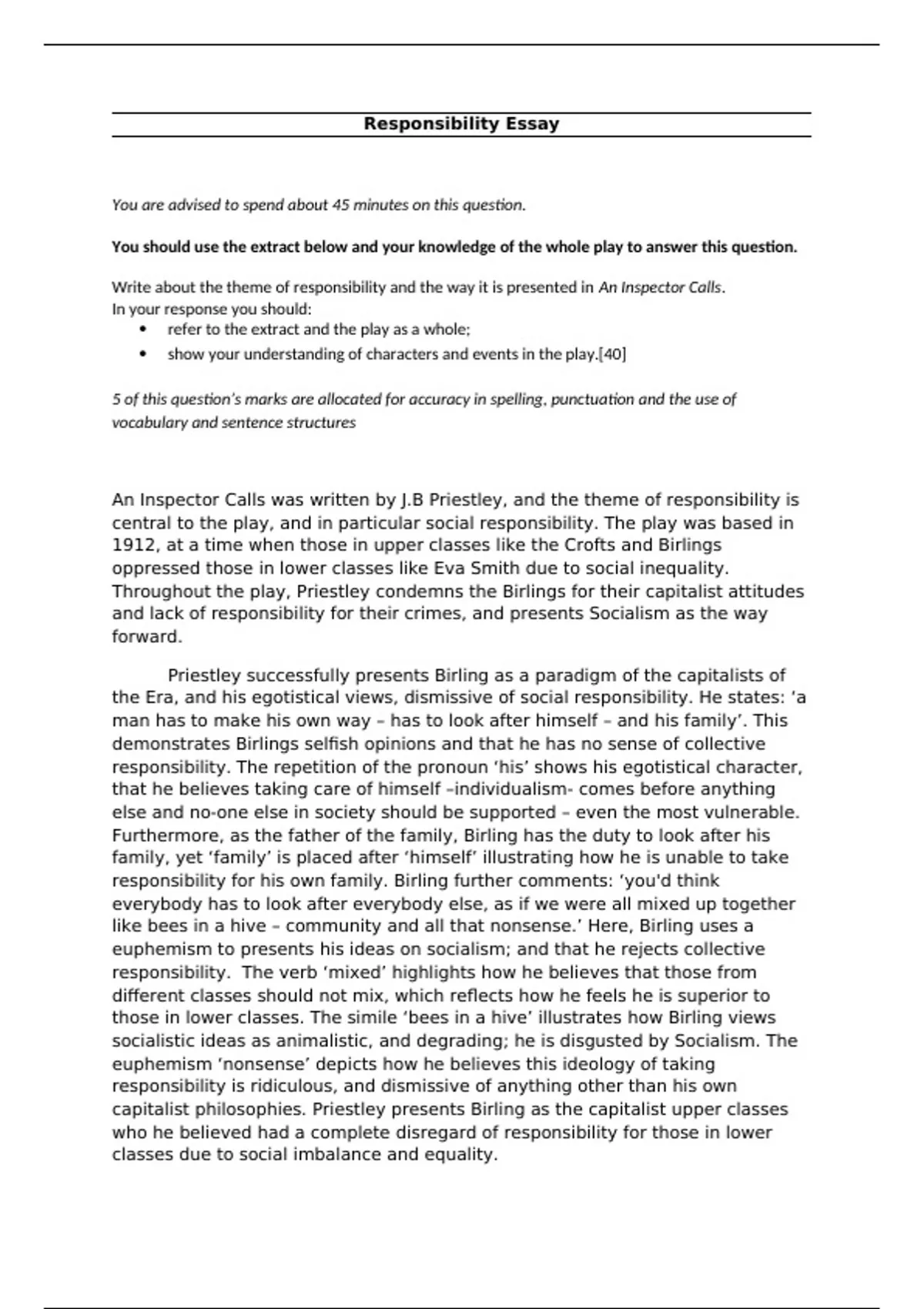 GRADE 9 Essay on Responsibility in An Inspector Calls GCSE English