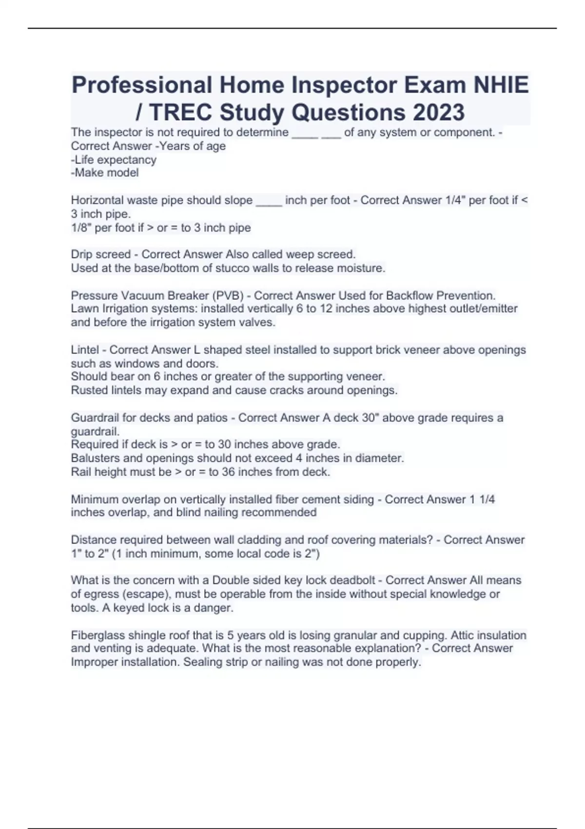 Professional Home Inspector Exam NHIE / TREC Study Questions 2023