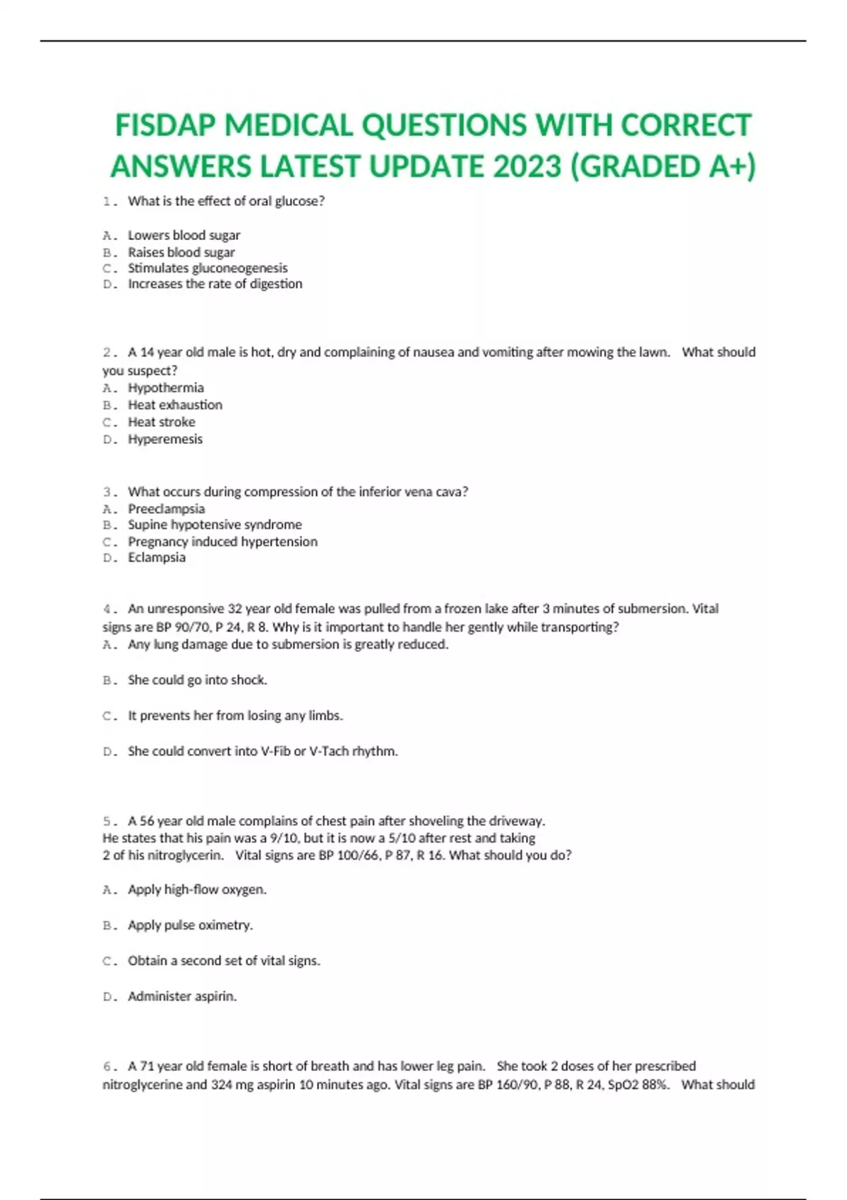 FISDAP MEDICAL QUESTIONS WITH CORRECT ANSWERS LATEST UPDATE 2023