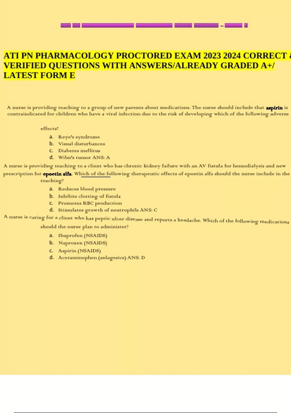 ATI PN PHARMACOLOGY PROCTORED EXAM CORRECT & VERIFIED QUESTIONS WITH ...