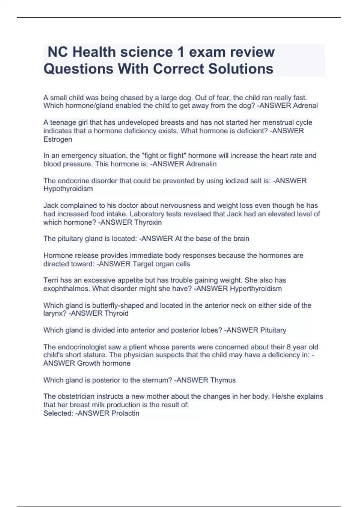 NC Health science 1 exam review Questions With Correct Solutions NC